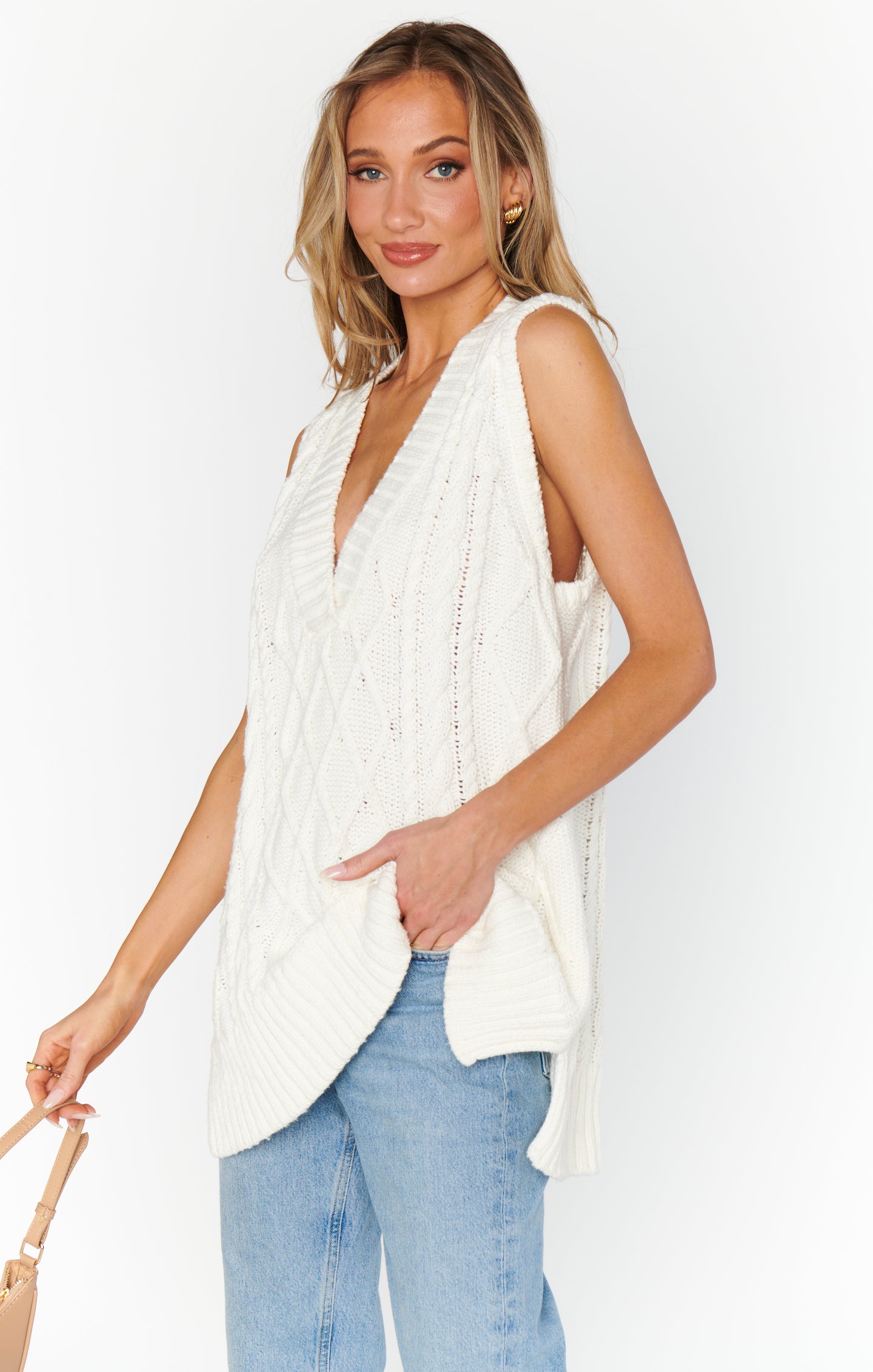 Reid Oversized Cable Knit Sweater Vest in Cream