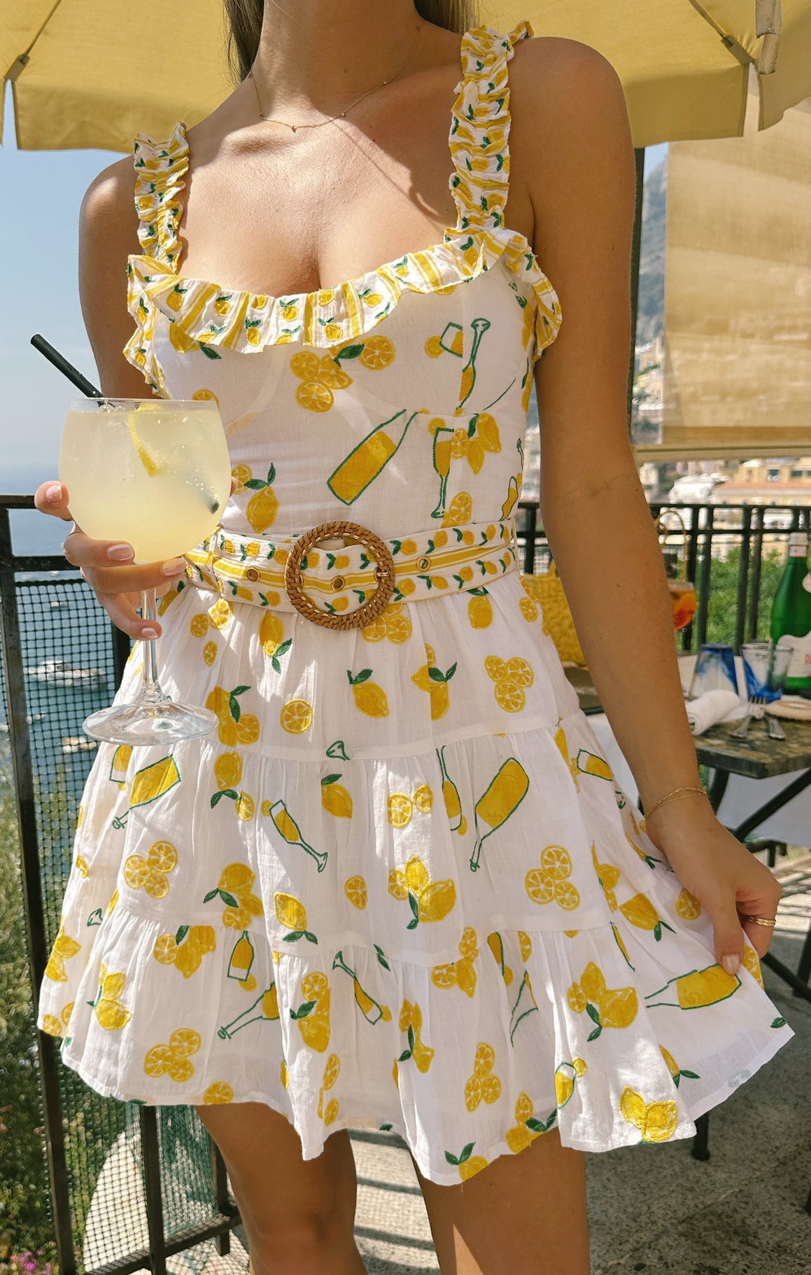 Jolene Mini Dress with Limoncello Embroidery & Ruffled Sweetheart Neckline