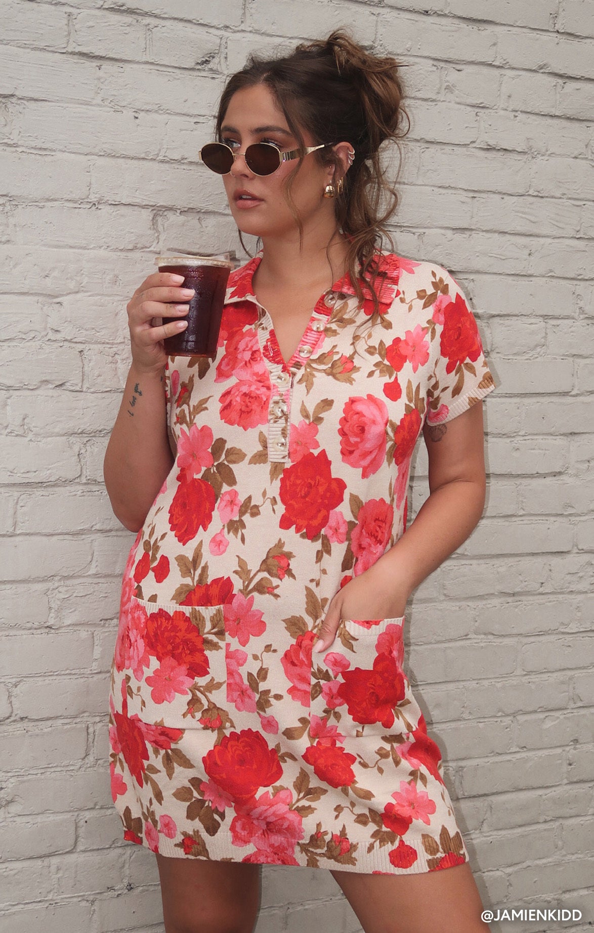Dexter Floral Knit Sweater Dress with Pockets | Tan Mini Dress