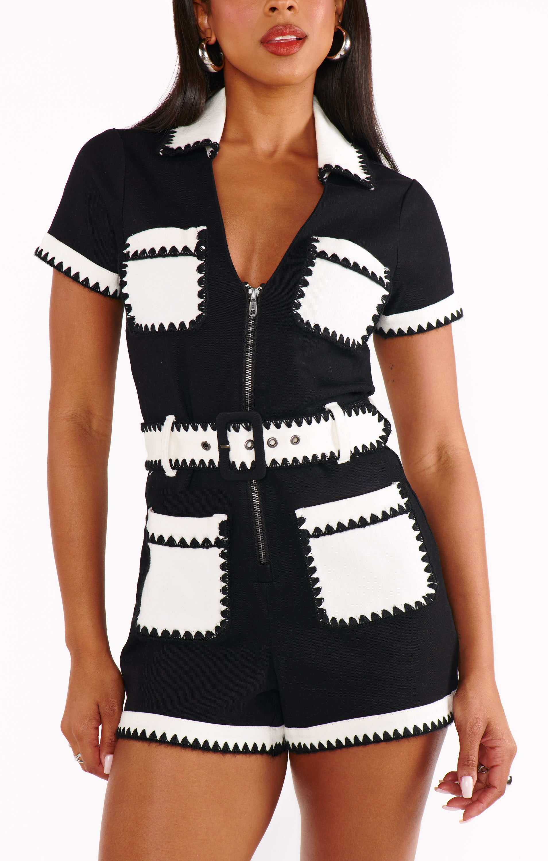 Black & White Denim Romper with Front Zipper - Tempe Western Style