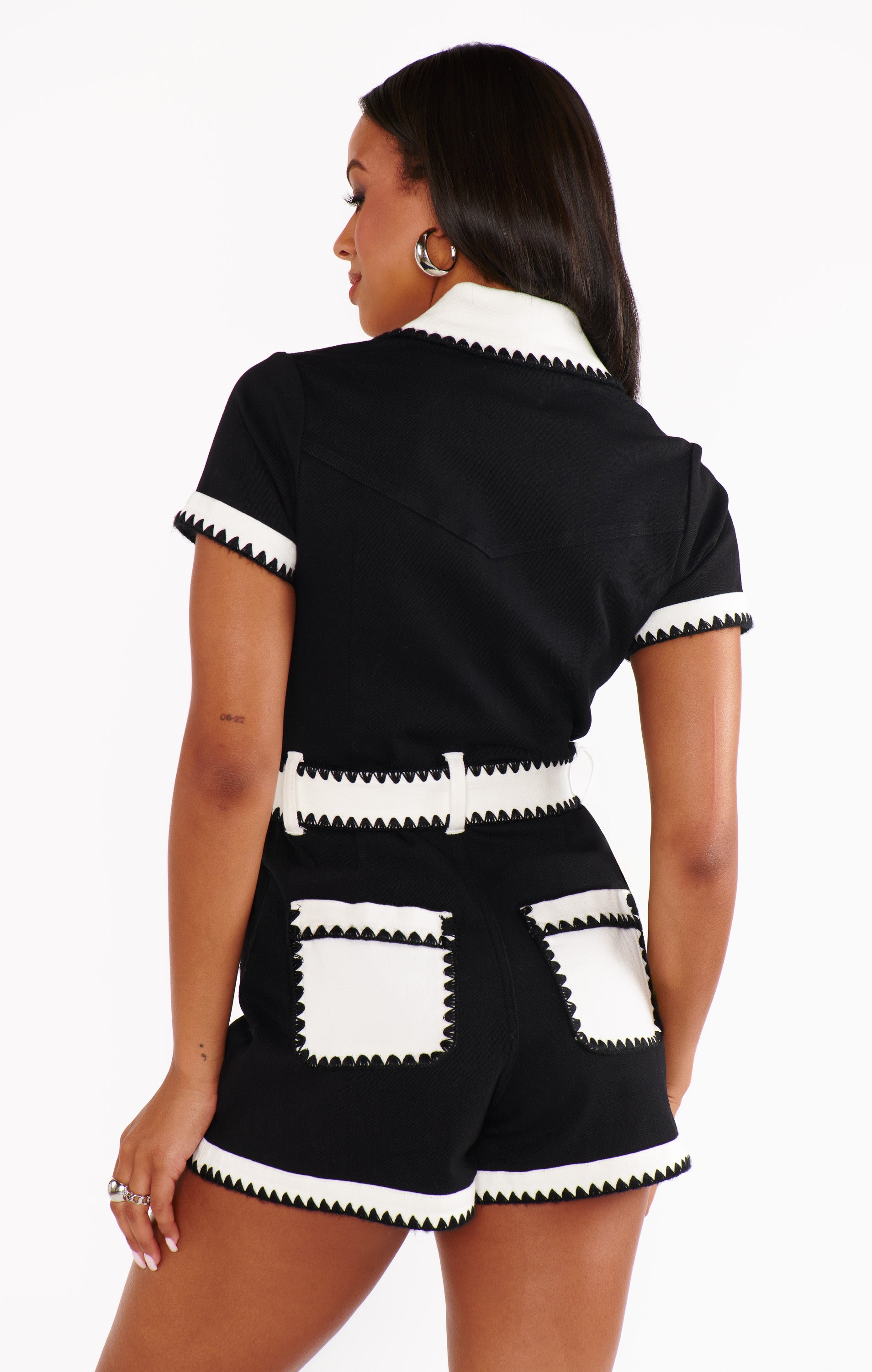 Black & White Denim Romper with Front Zipper - Tempe Western Style