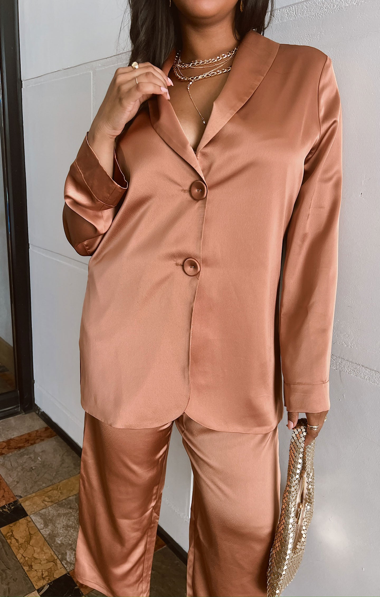 Felix Copper Satin Blazer for Women - Luxe Shine & Button-Up Style