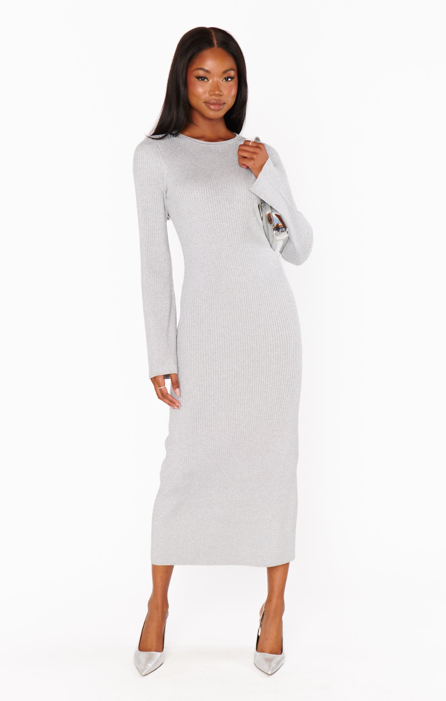 Silver Shimmer Knit Midi Dress for Women | City Dress