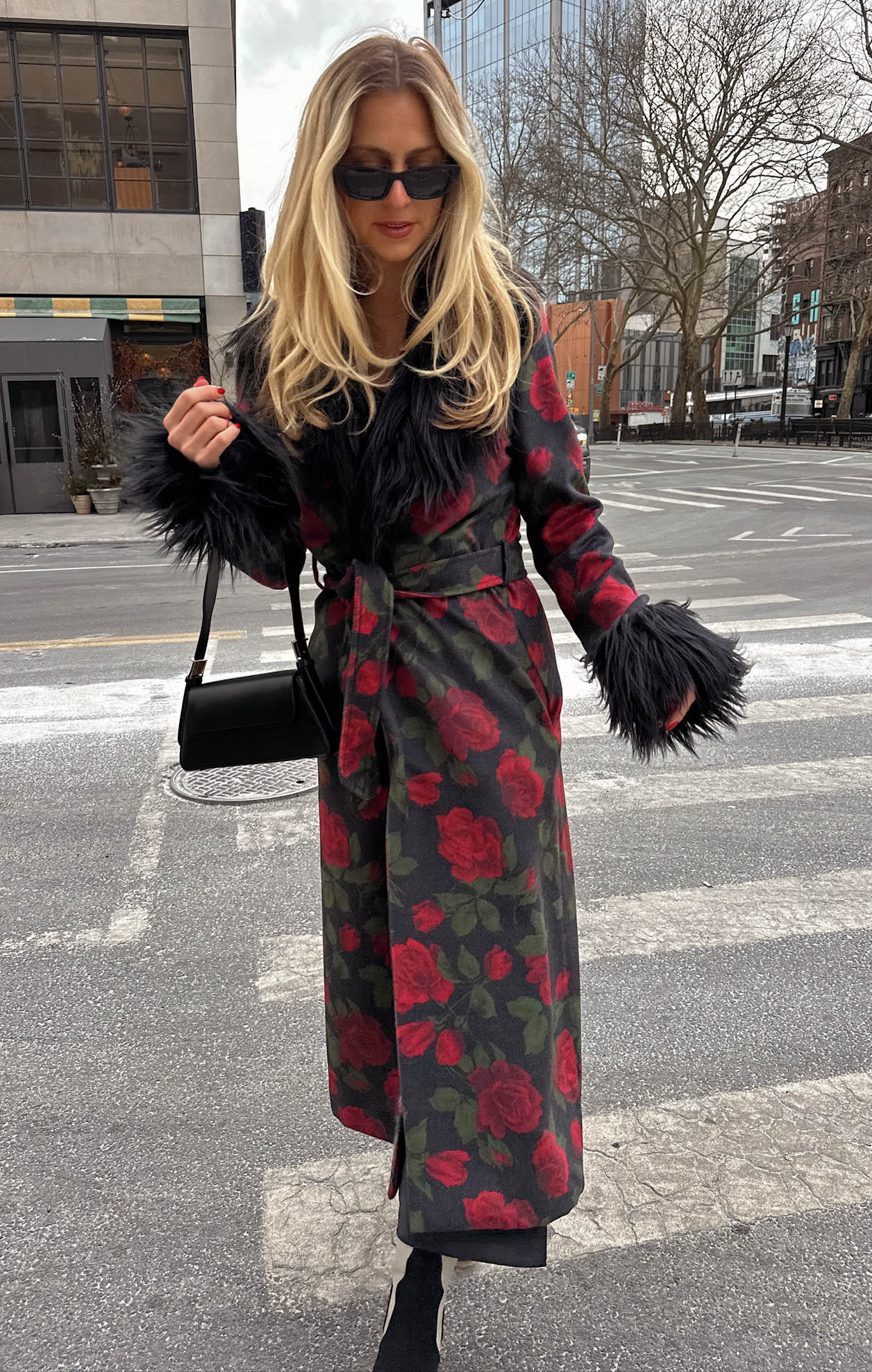 Elaine Vintage Rose Print Coat with Faux Fur Trim