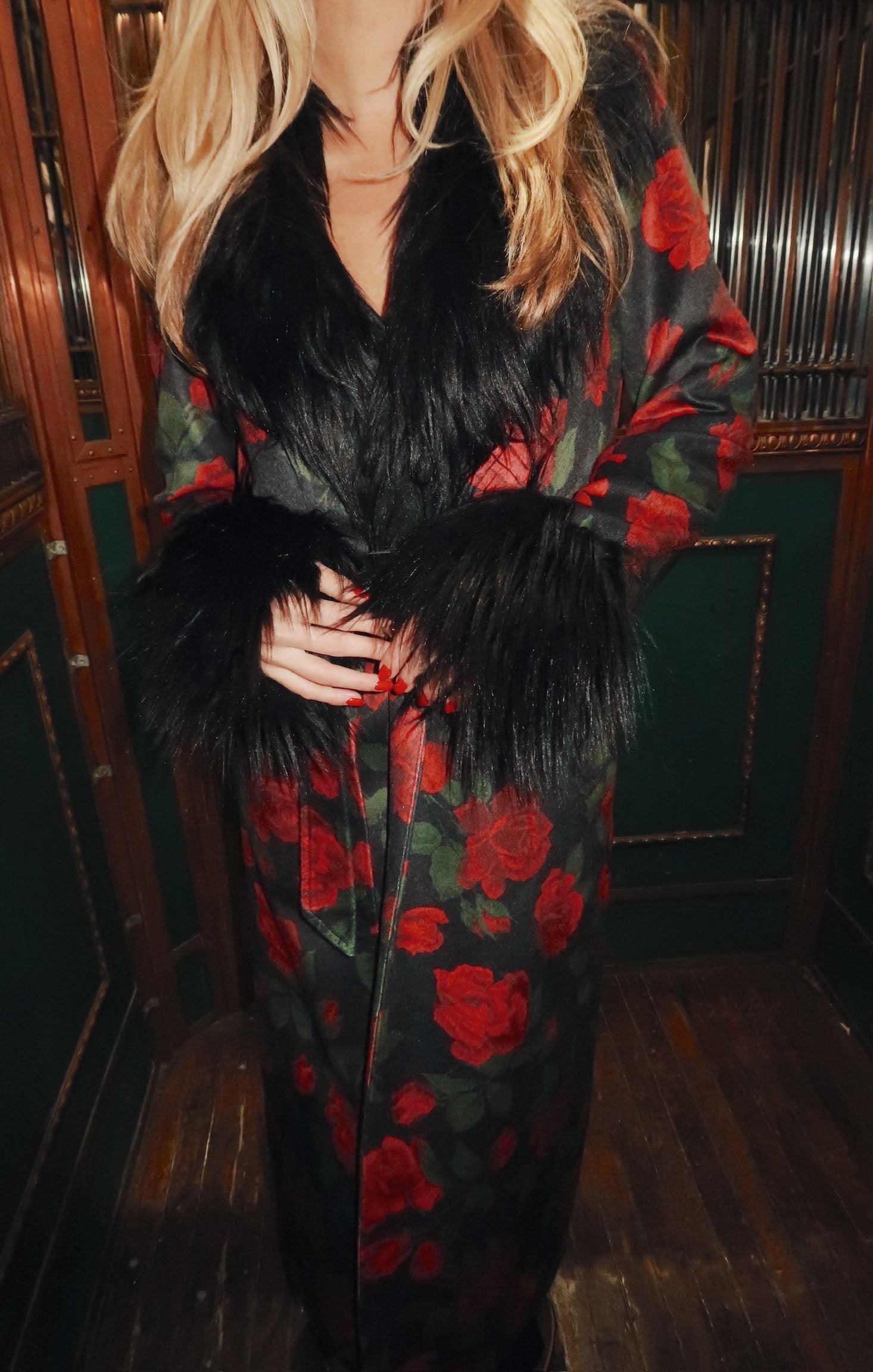 Elaine Vintage Rose Print Coat with Faux Fur Trim