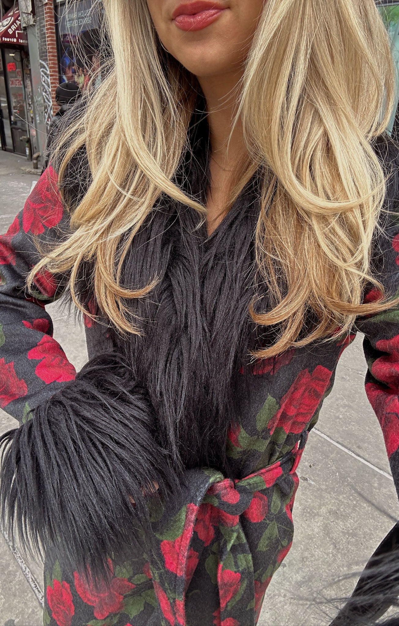 Elaine Vintage Rose Print Coat with Faux Fur Trim