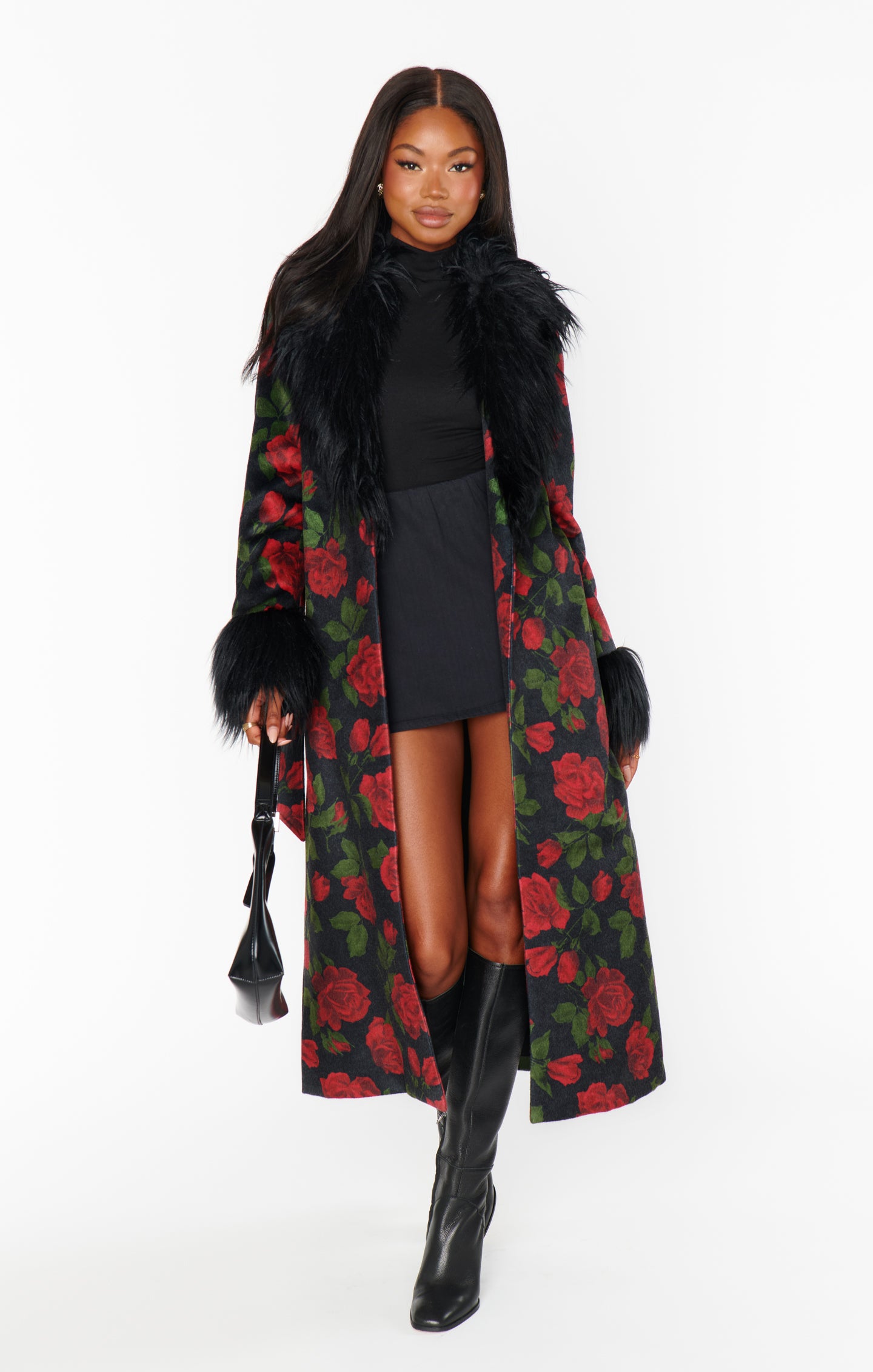 Elaine Vintage Rose Print Coat with Faux Fur Trim