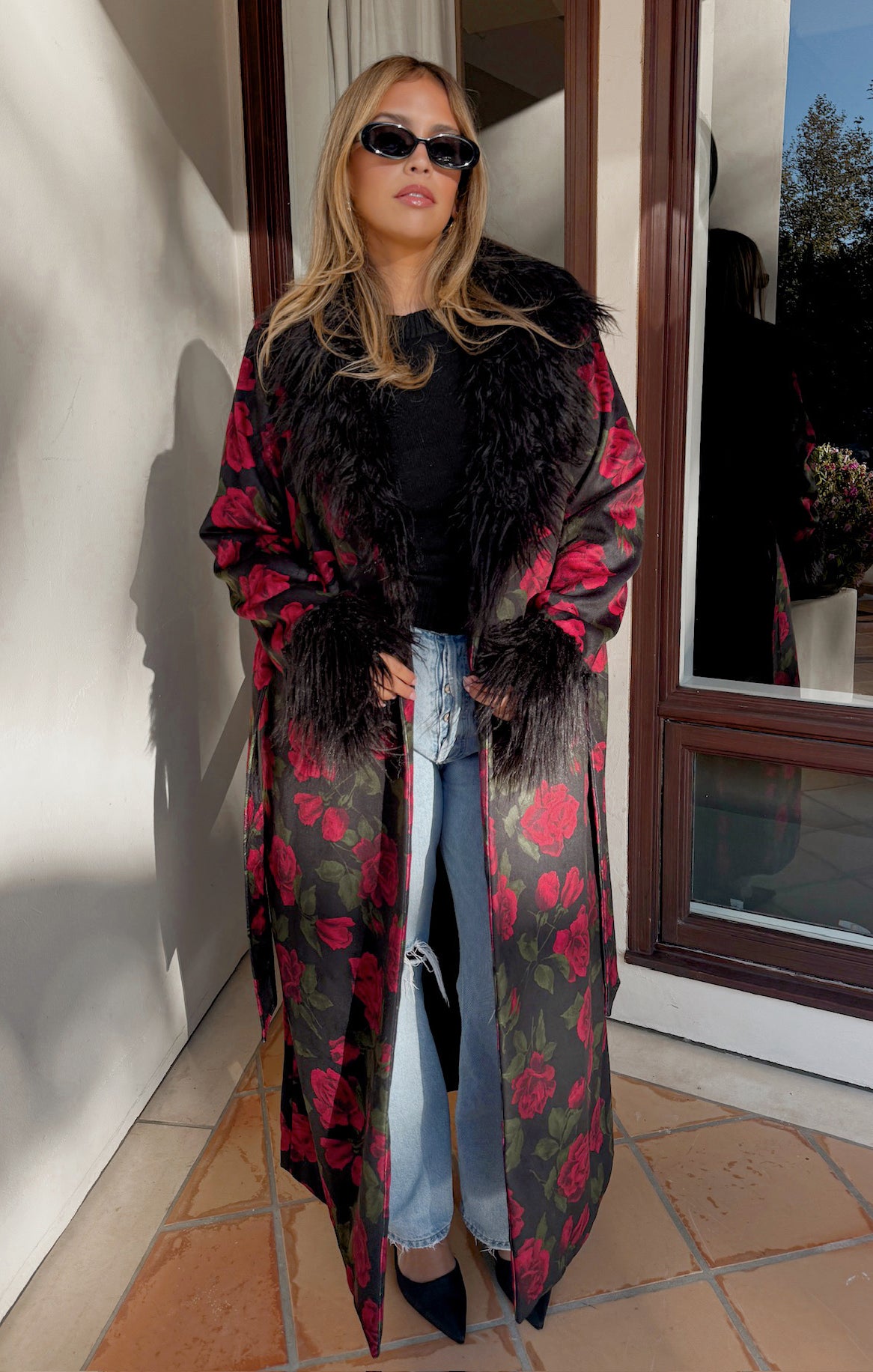 Elaine Vintage Rose Print Coat with Faux Fur Trim