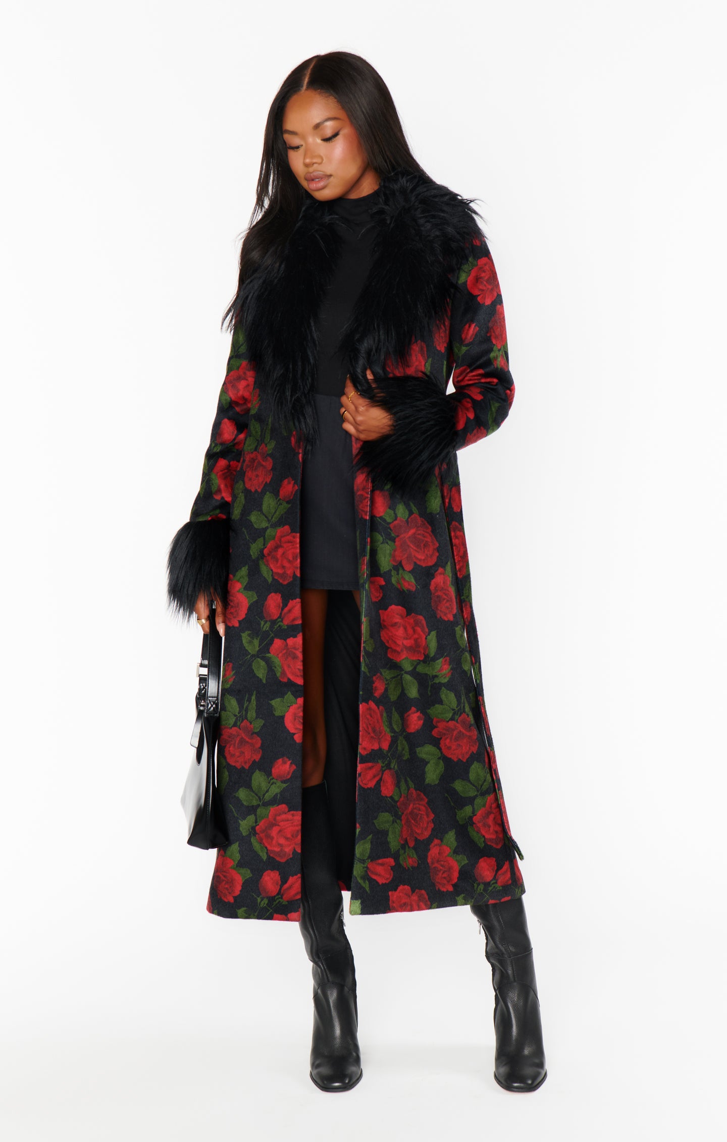Elaine Vintage Rose Print Coat with Faux Fur Trim