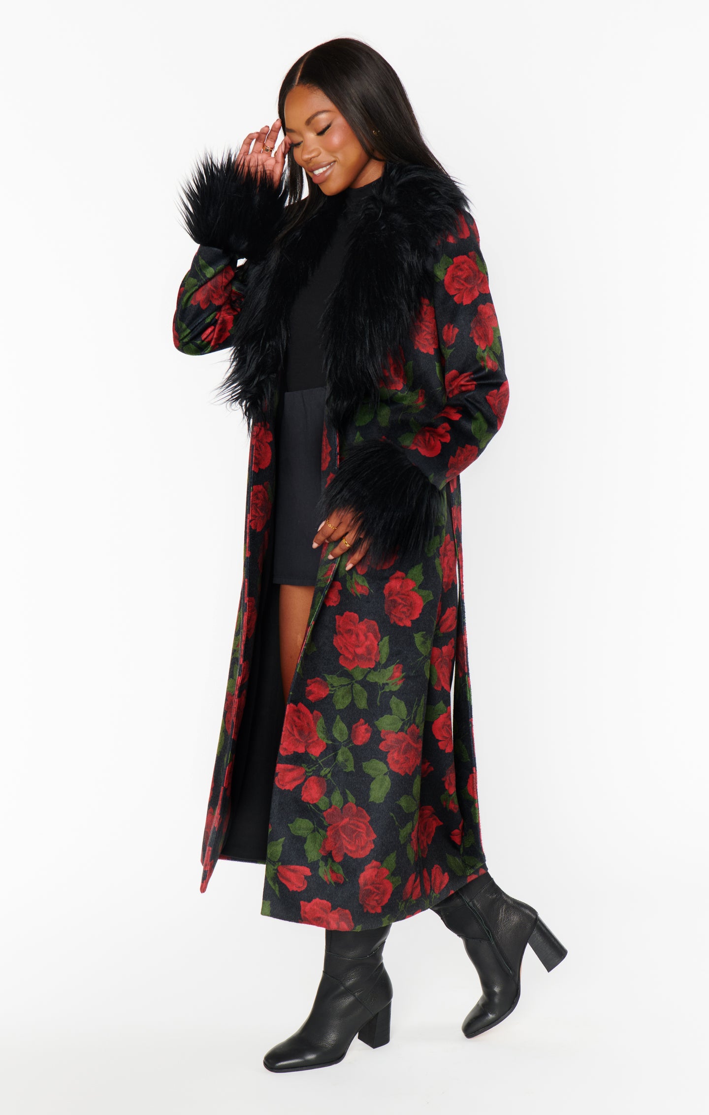 Elaine Vintage Rose Print Coat with Faux Fur Trim