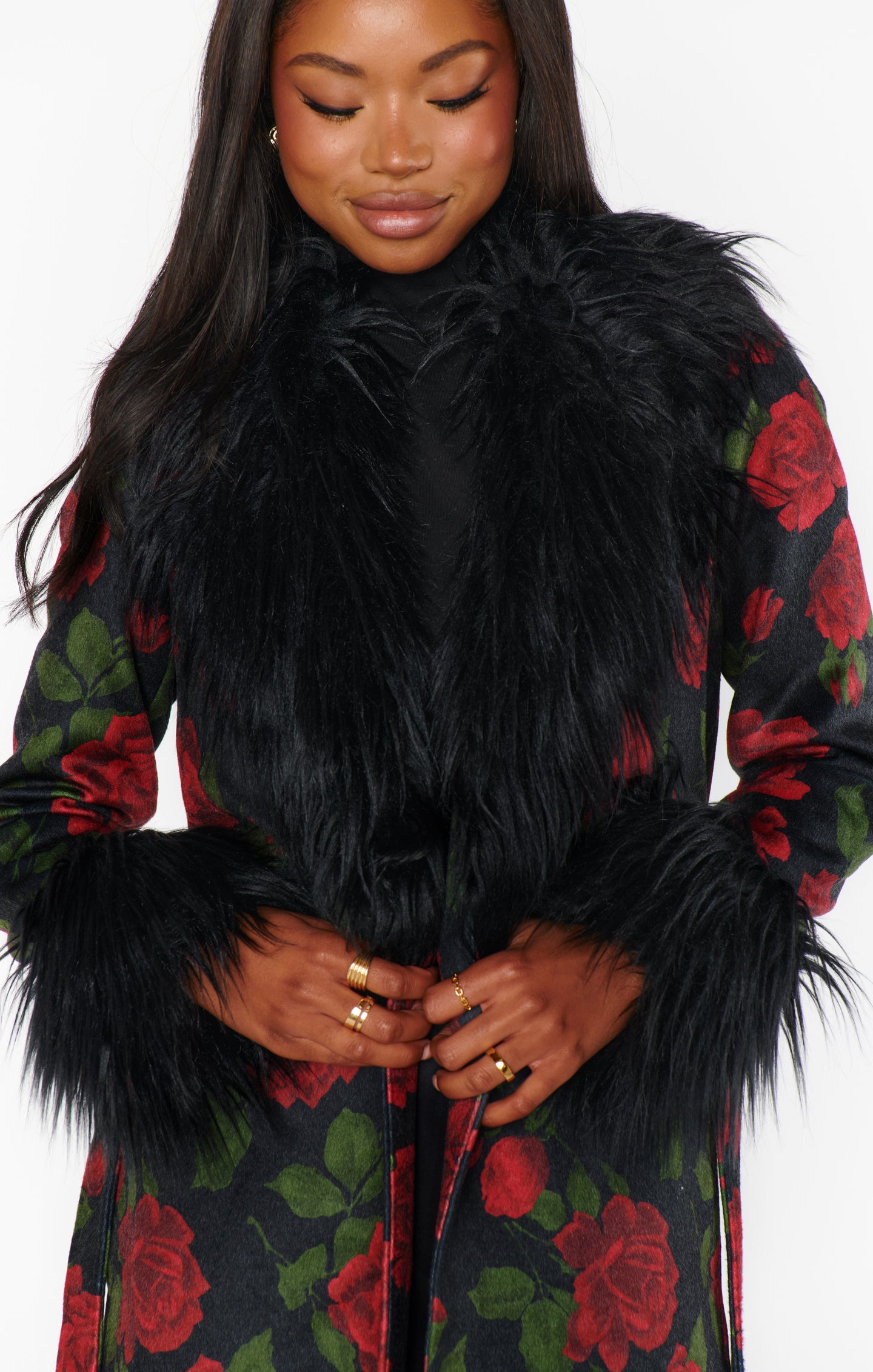 Elaine Vintage Rose Print Coat with Faux Fur Trim