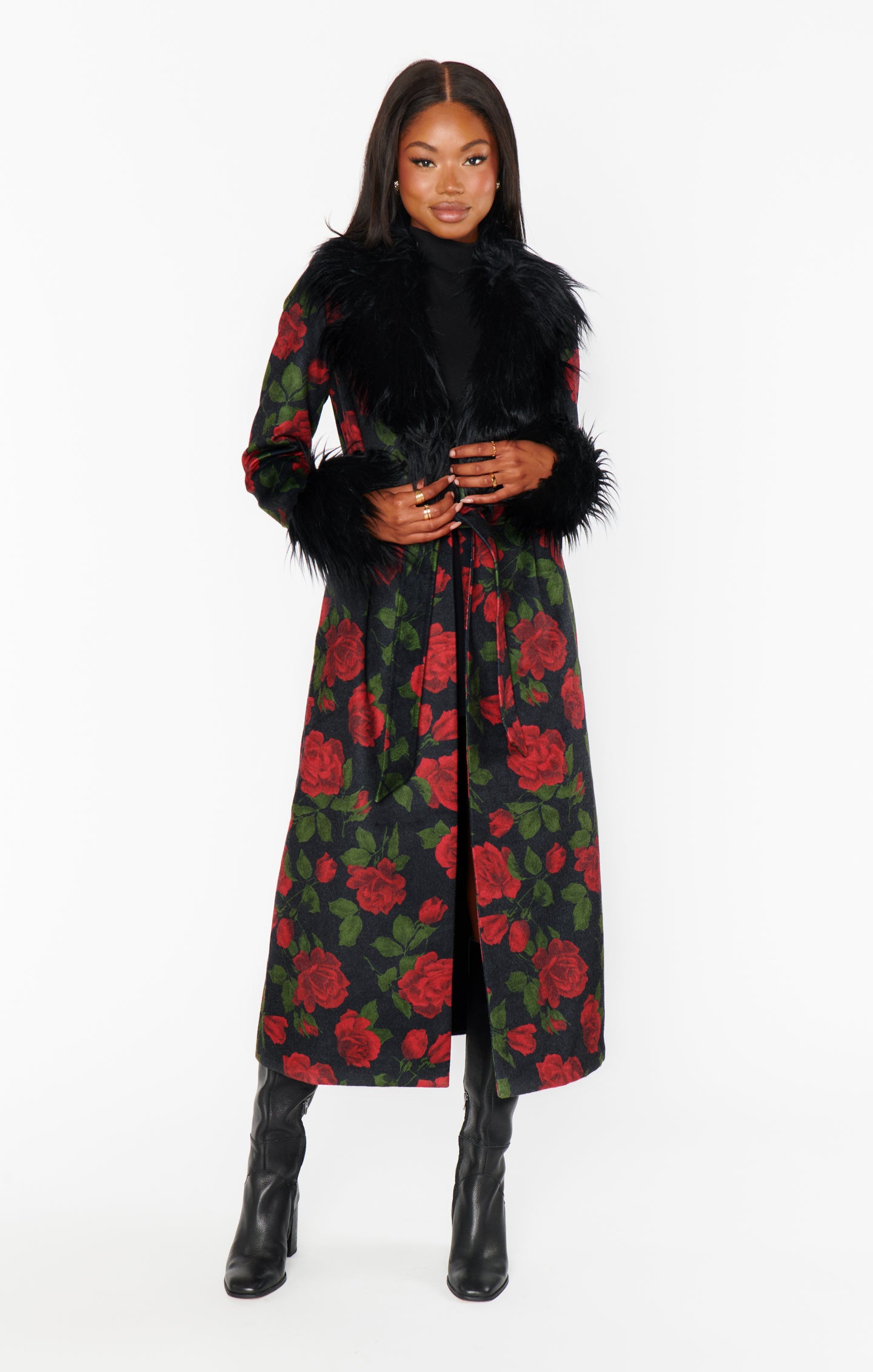 Elaine Vintage Rose Print Coat with Faux Fur Trim