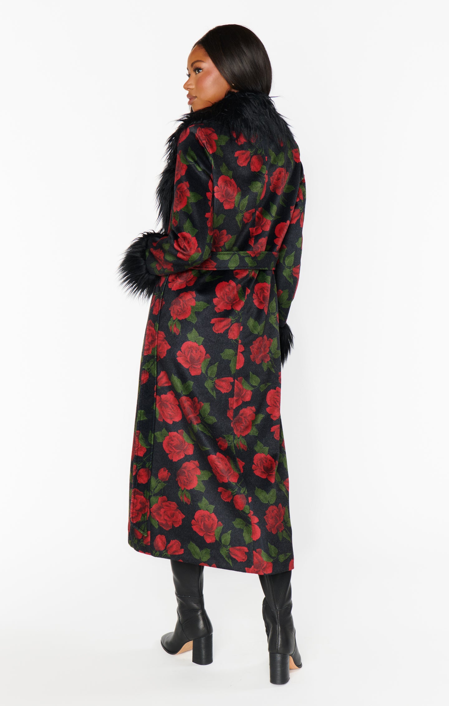 Elaine Vintage Rose Print Coat with Faux Fur Trim