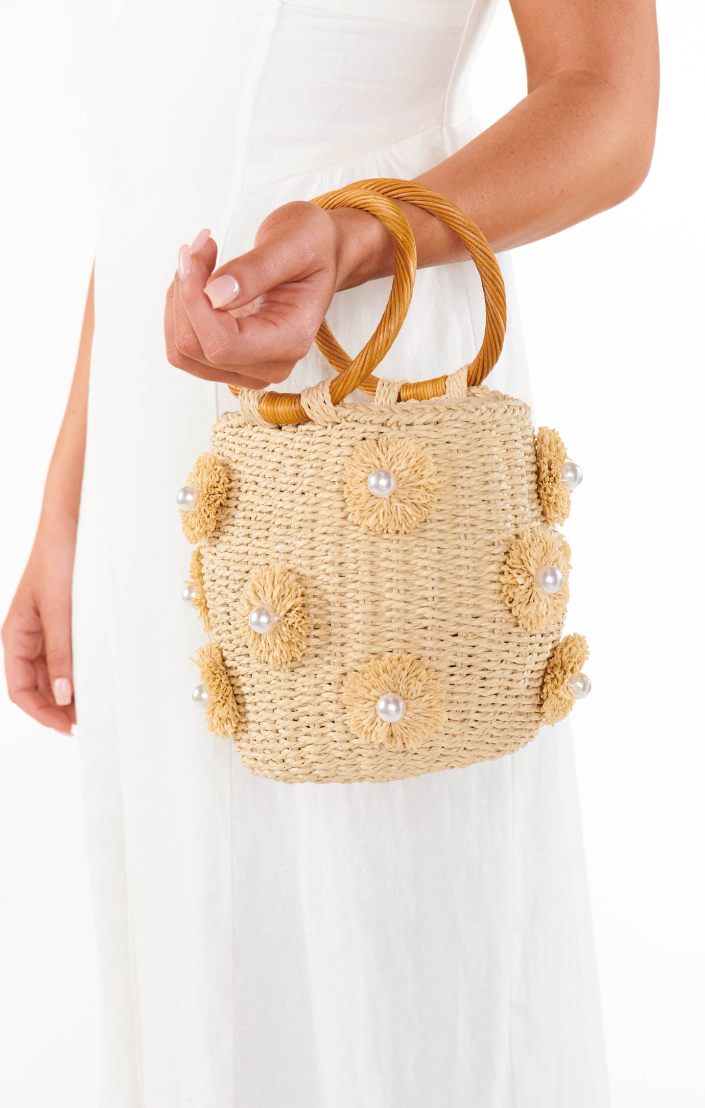 Elia Raffia Straw Bag with Pearl Details - Light Natural Circle Handle