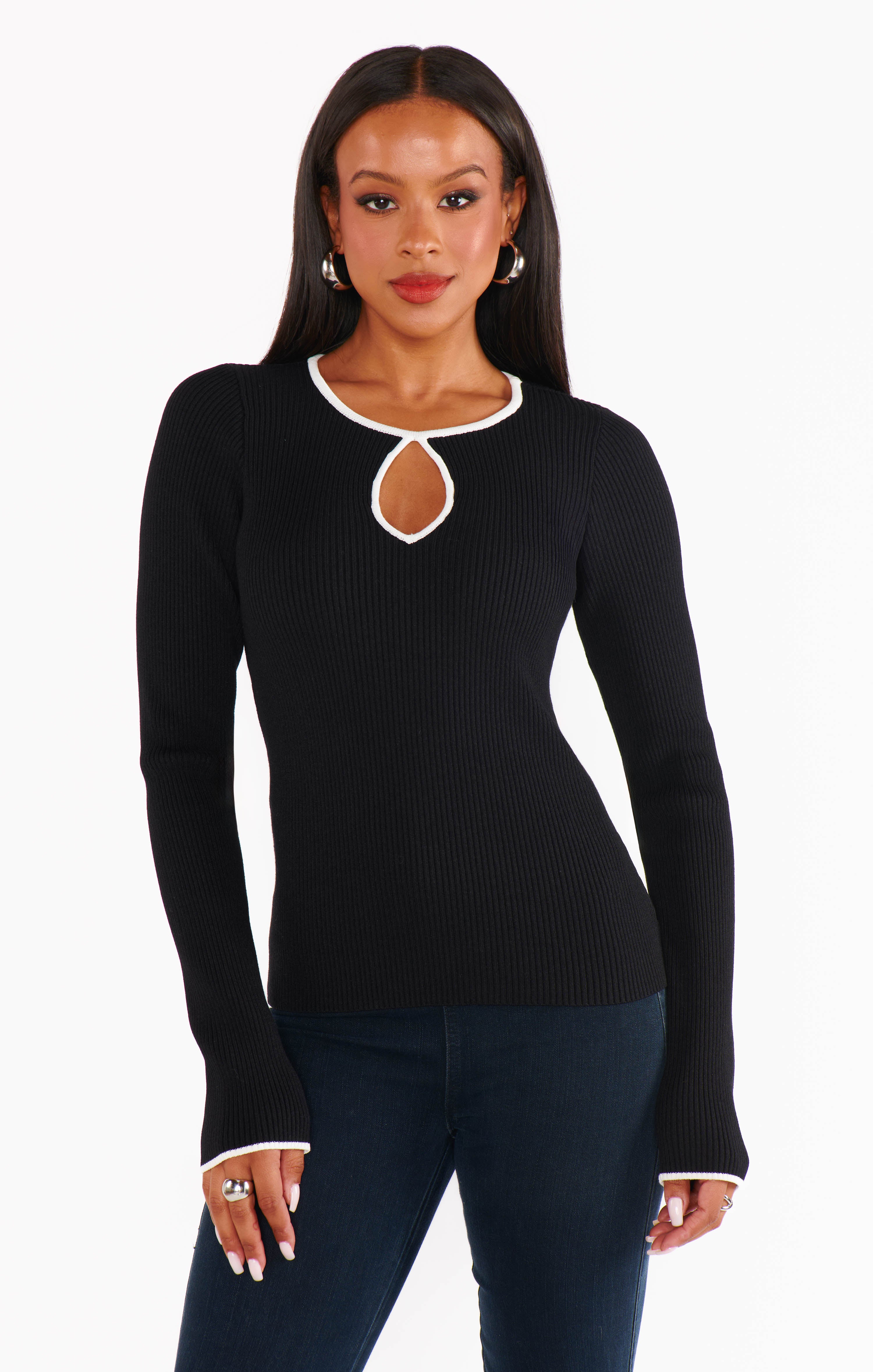 Black Ribbed Tippi Top with White Trim - Fitted Long Sleeve