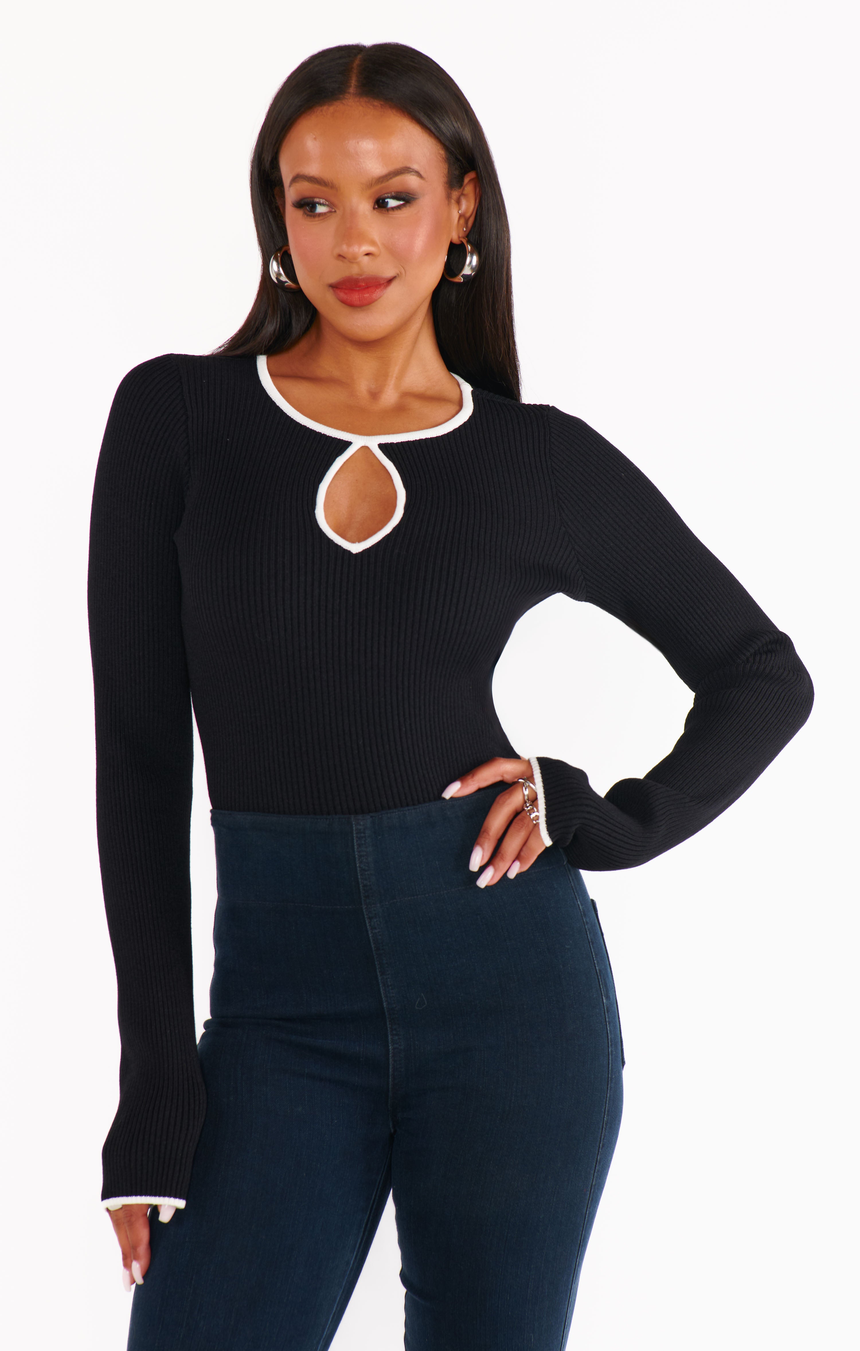 Black Ribbed Tippi Top with White Trim - Fitted Long Sleeve