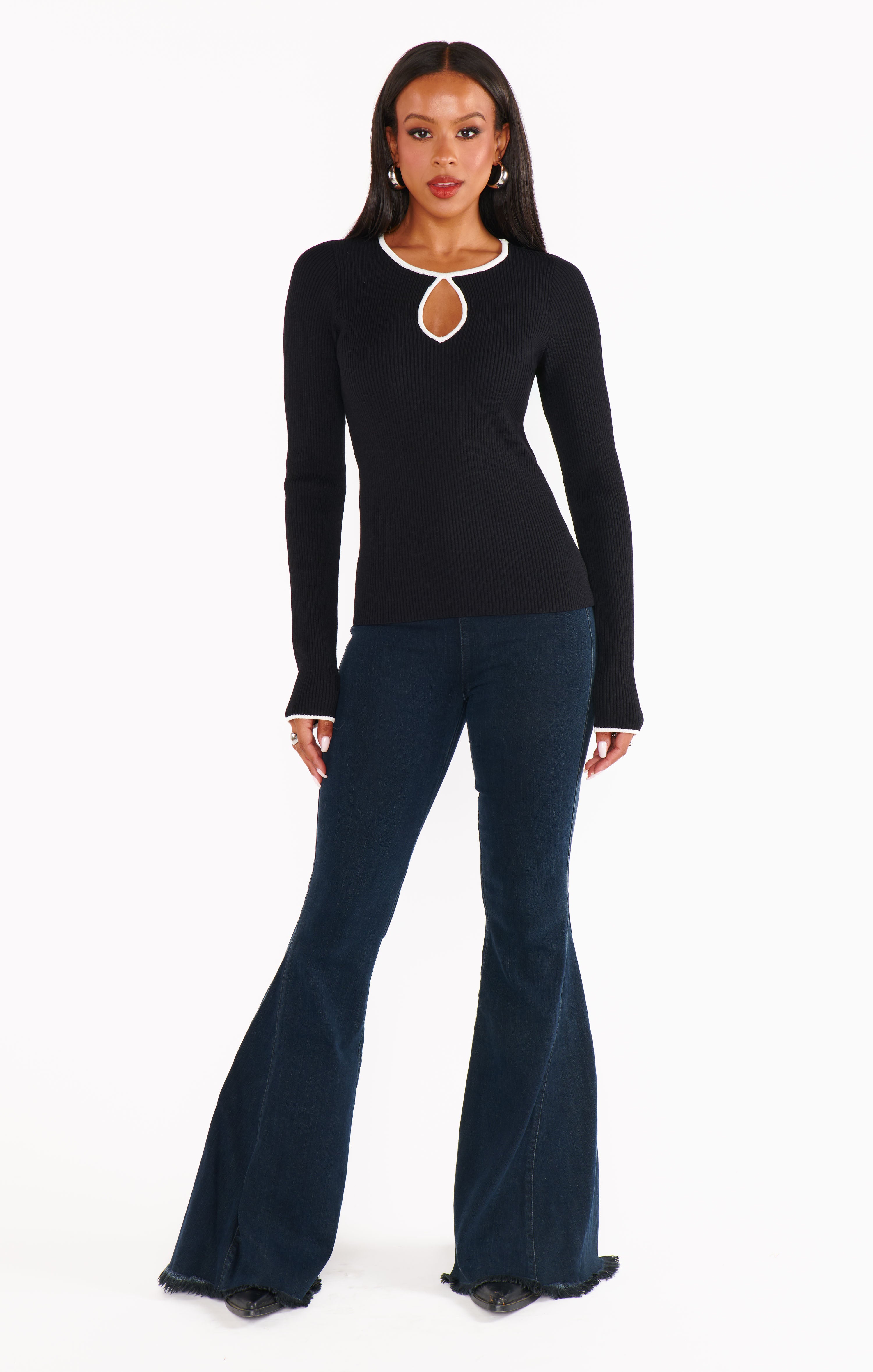 Black Ribbed Tippi Top with White Trim - Fitted Long Sleeve