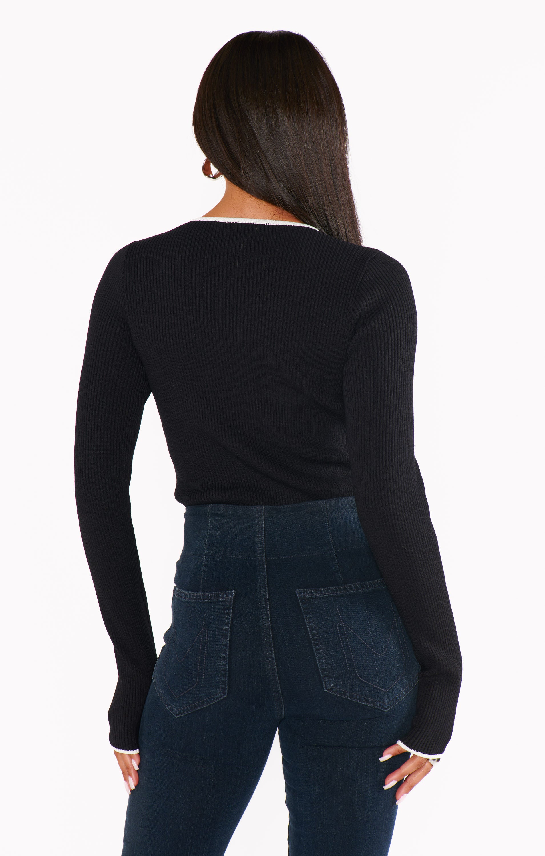 Black Ribbed Tippi Top with White Trim - Fitted Long Sleeve