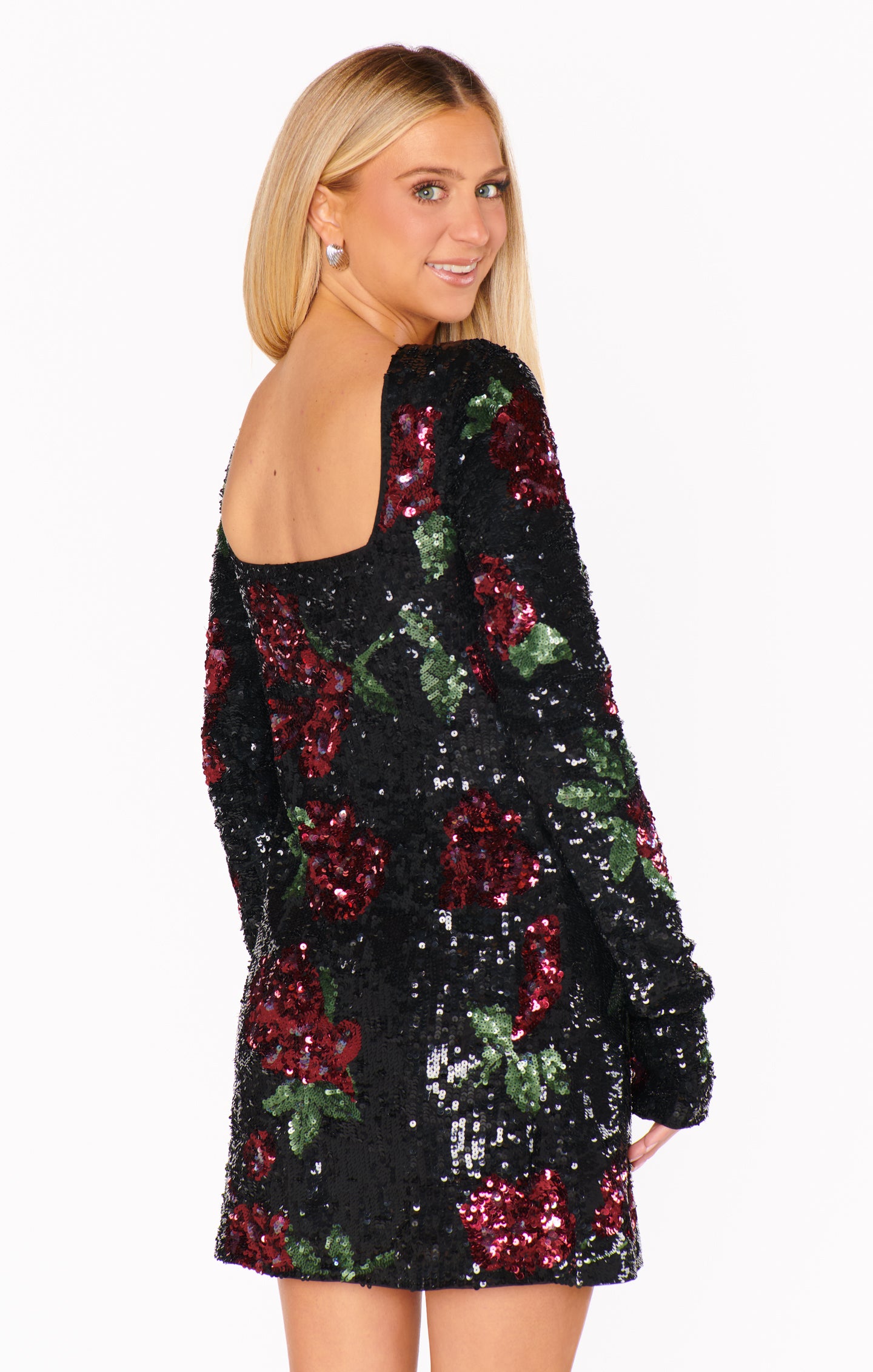 Sequined Rose Print Mini Dress for Night Out