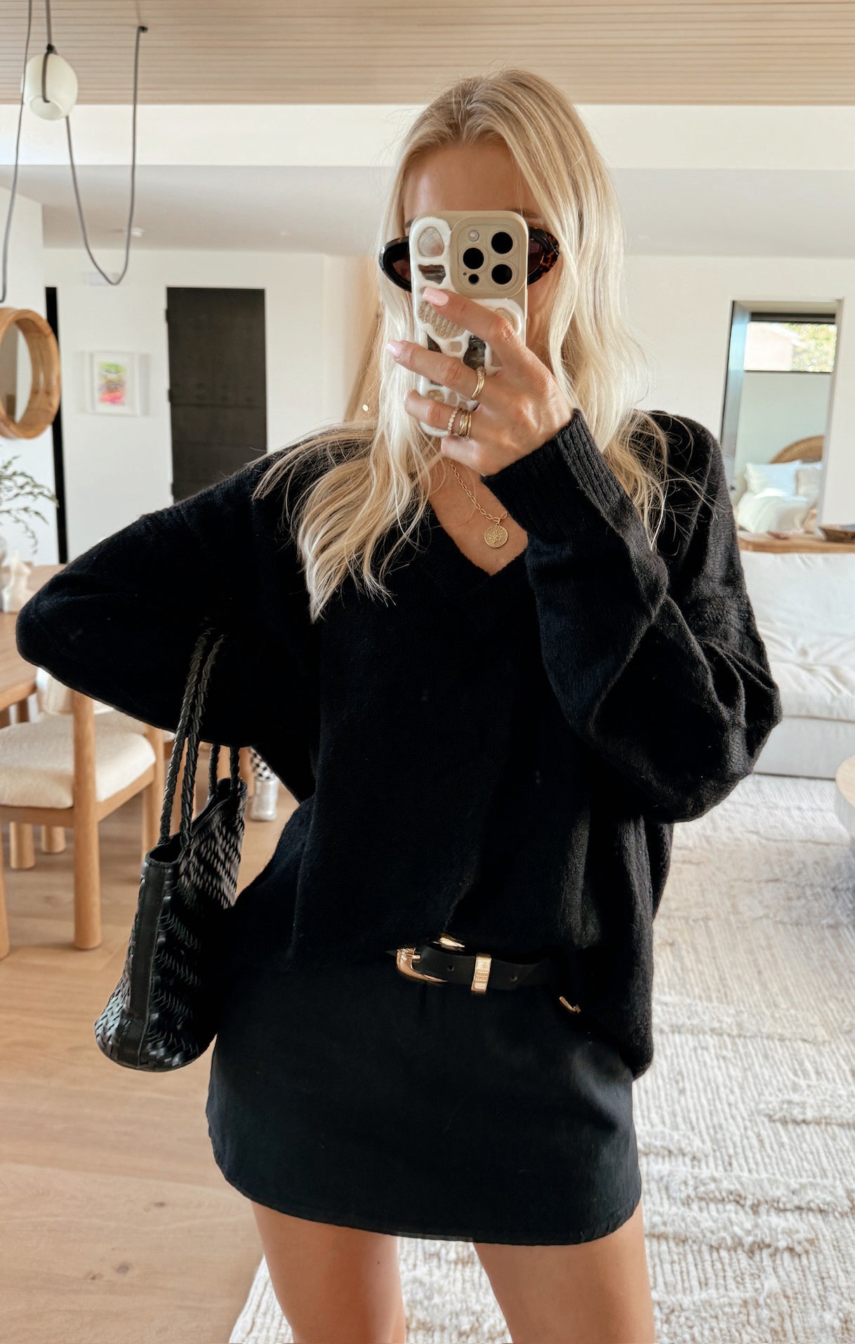 Black Oversized V-Neck Sweater - Ozzy Knit Dolman Sleeves