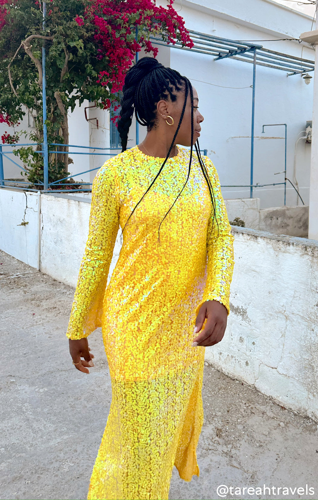 Yellow Sequin Midi Dress with Long Sleeves - Calypso