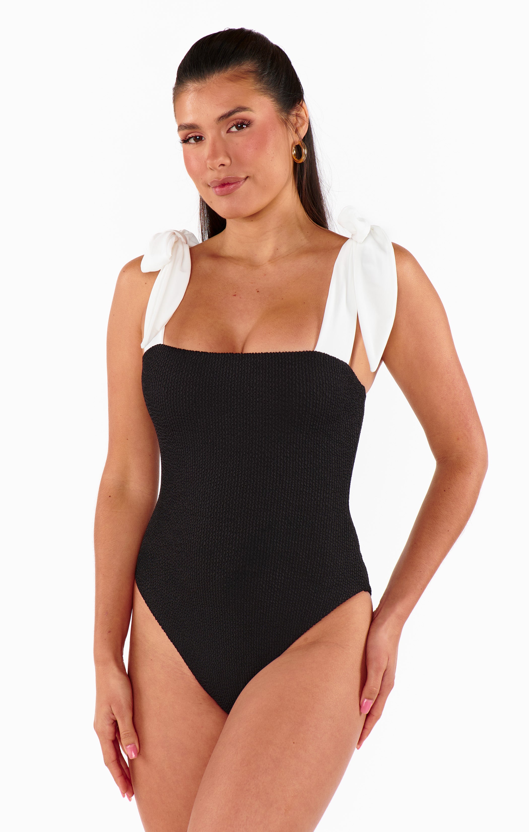 Hudson Black Scrunch One-Piece Swimsuit with White Bow