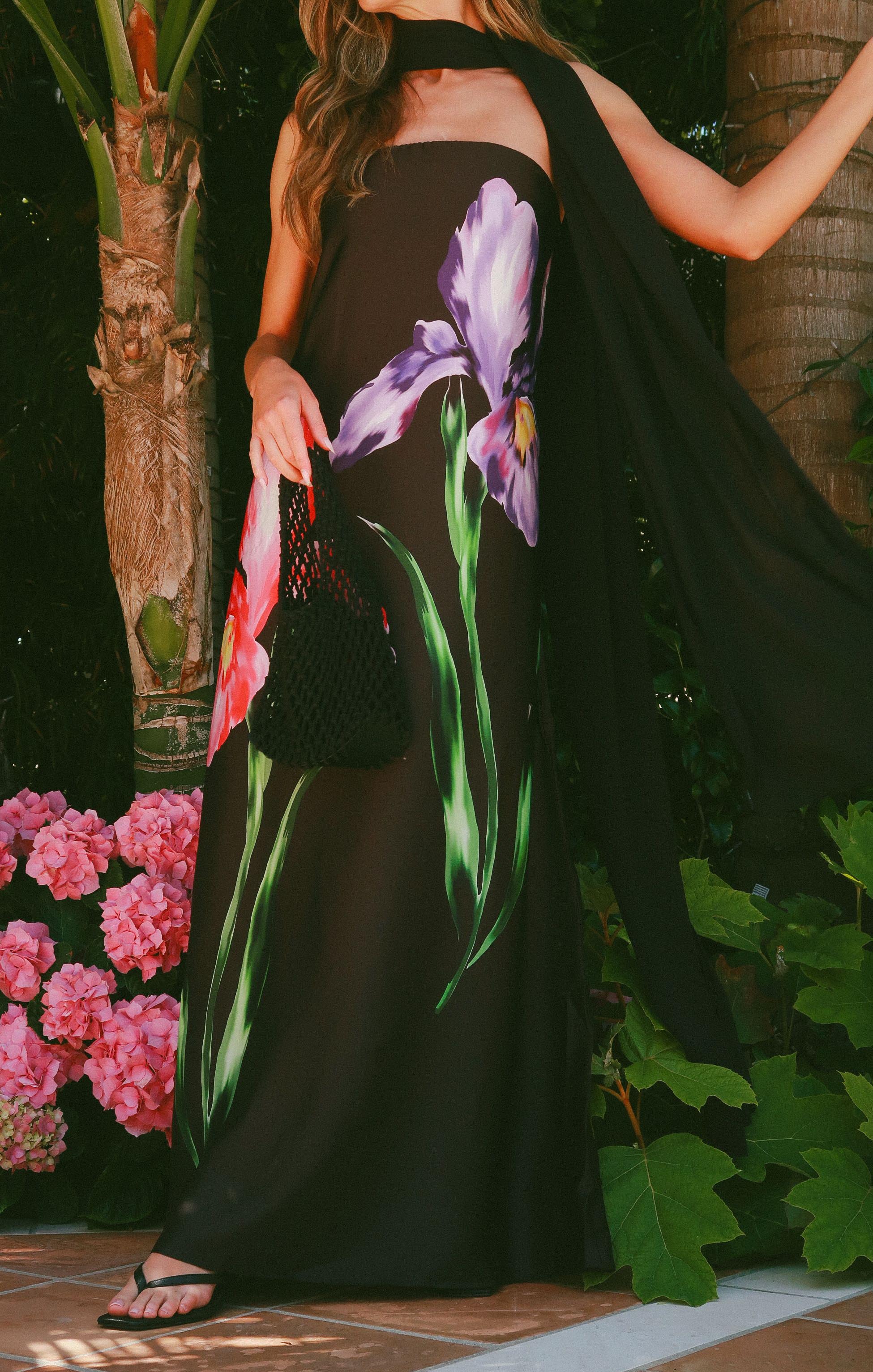 Renee Strapless Satin Maxi Dress with Scarf - Wild Iris