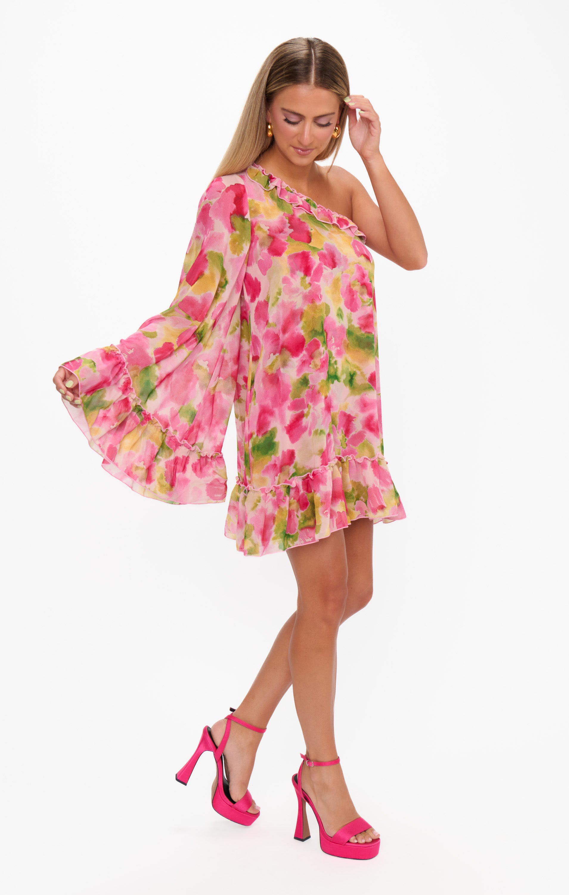 Flowy Pink One Shoulder Chiffon Dress with Ruffled Edges