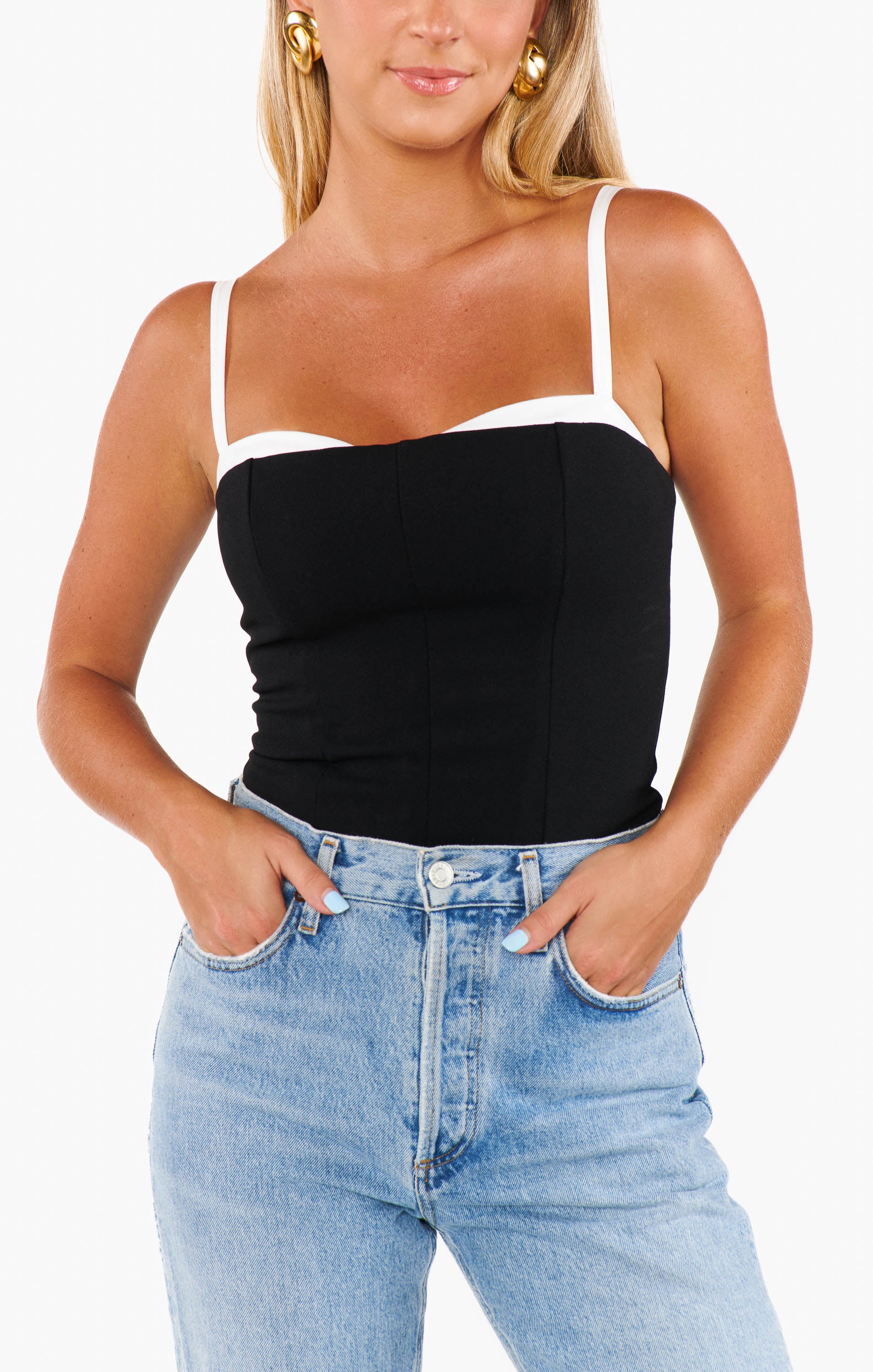 Black and White Corset Tiff Top with Adjustable Straps