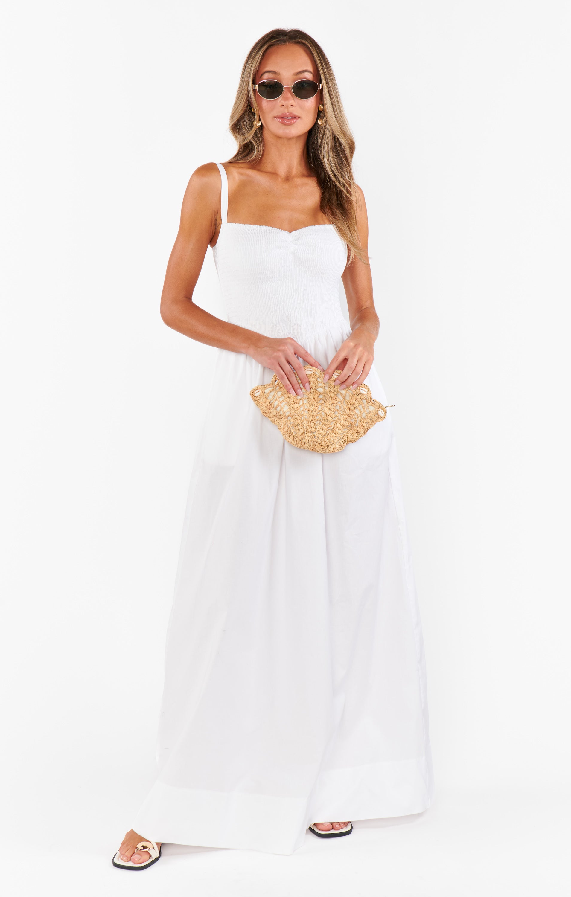 Dixie Maxi Dress in White Poplin with Smocked Bodice & Pockets