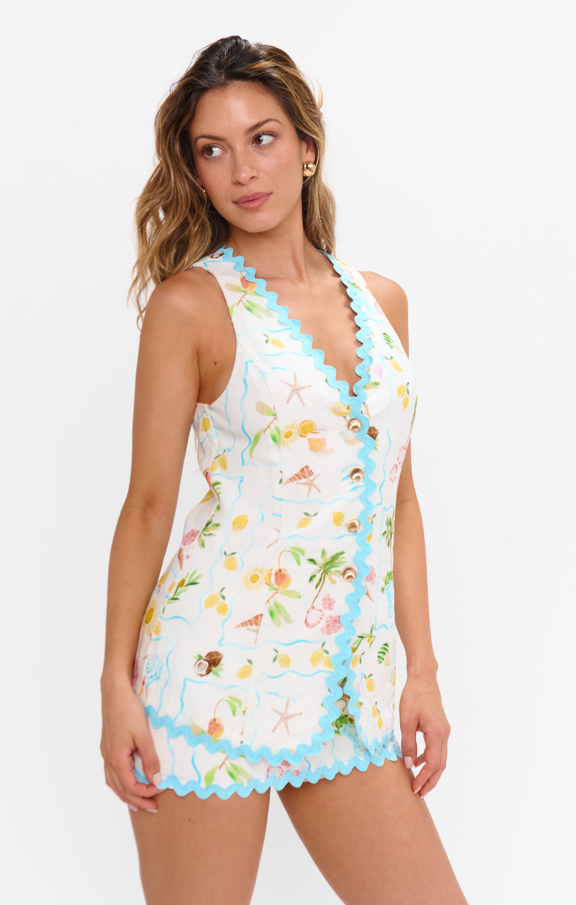 Villa Vest Top in Blue Scallop Print for Tropical Vacations