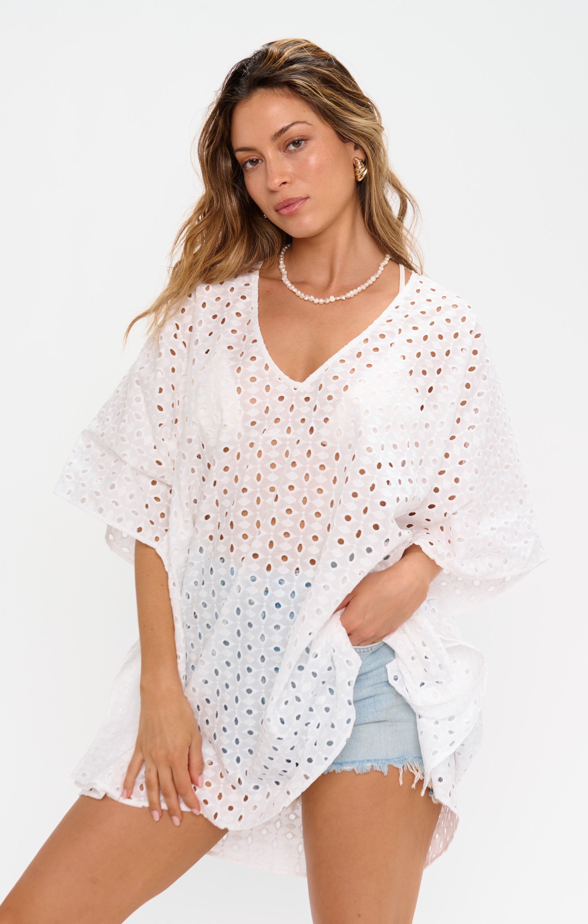 White Eyelet Peta Tunic - Oversized Comfort for Beach & Casual Wear