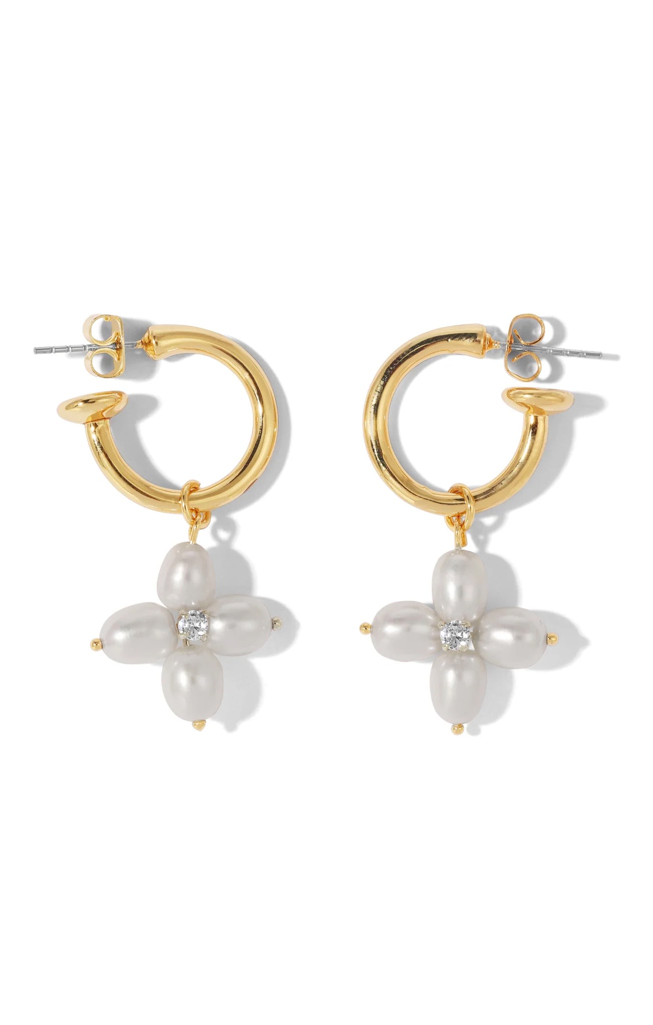 Vanessa Mooney Lana Pearl Cross Hoop Earrings in Gold