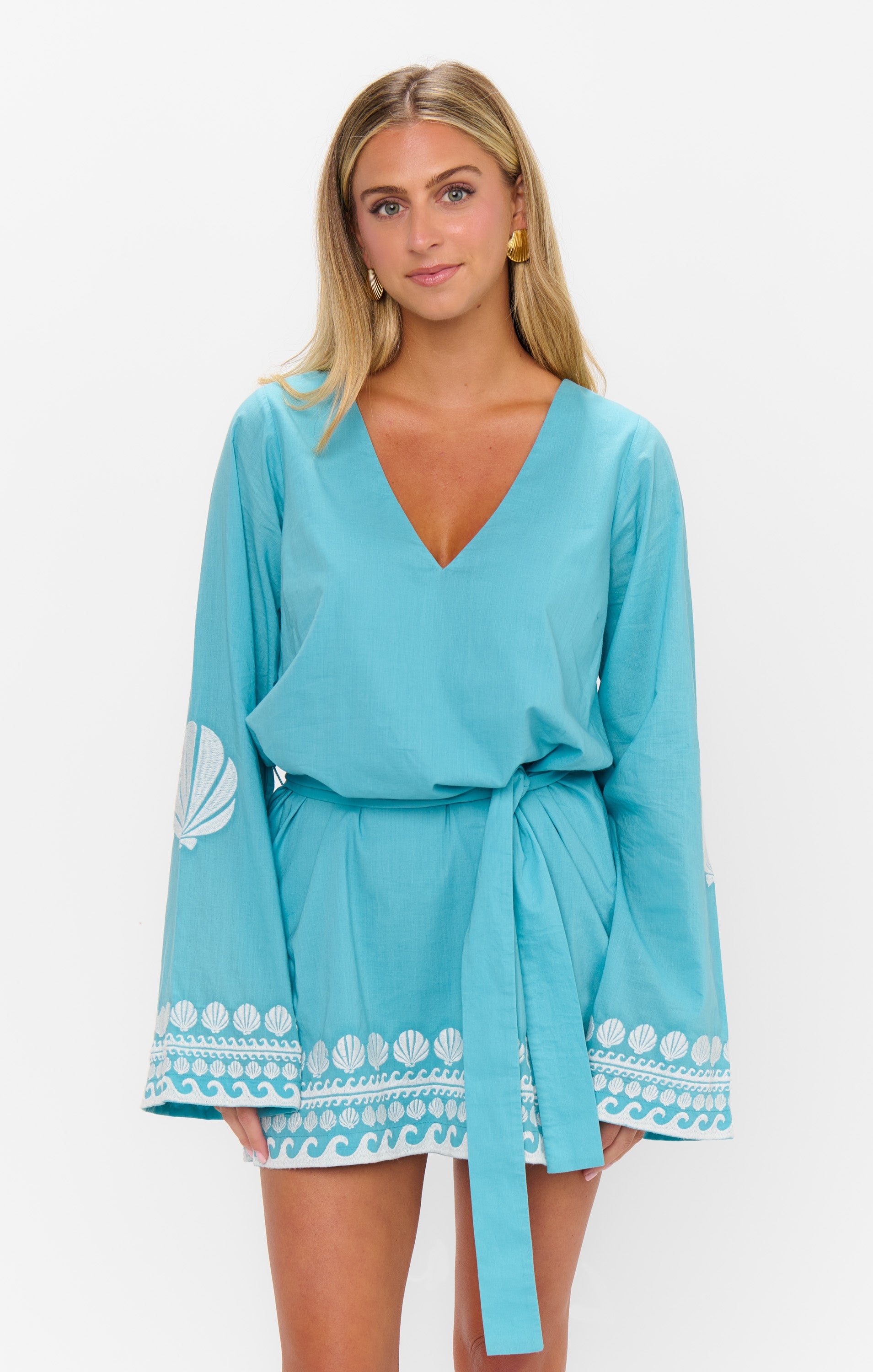 Boho Malia Mini Dress with Shell Trim - Blue Capri Beachwear