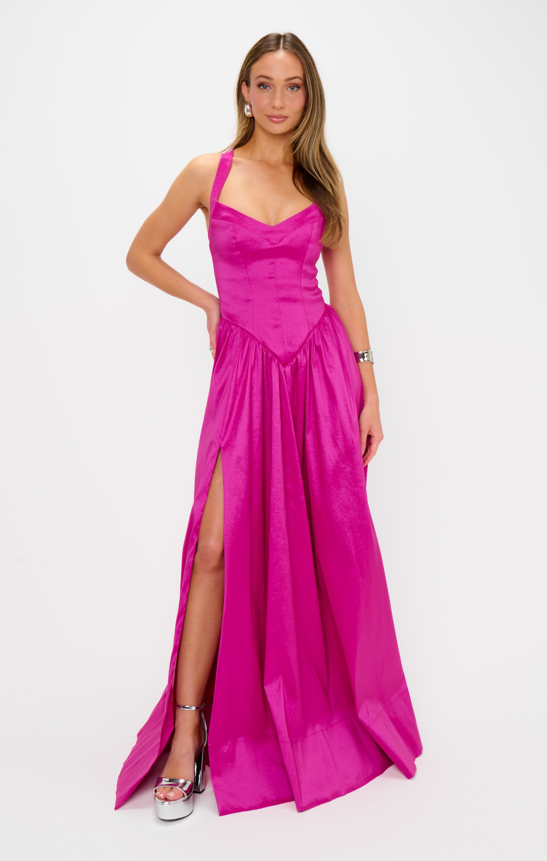 Abigail Sweetheart Maxi Dress with Corset & Leg Slit - Magenta Taffeta