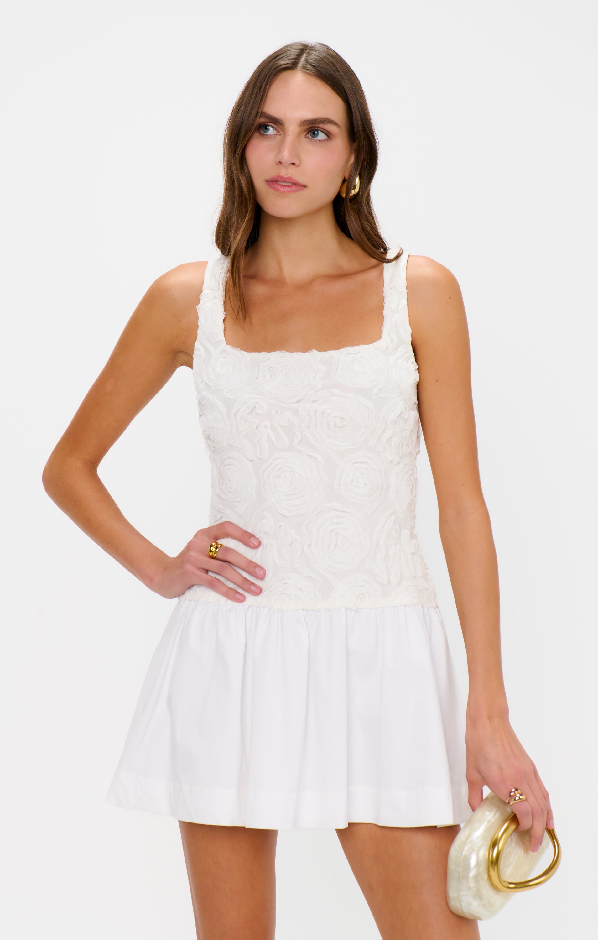Bradshaw Rosette Mesh Mini Dress - White Flirty Short Dress