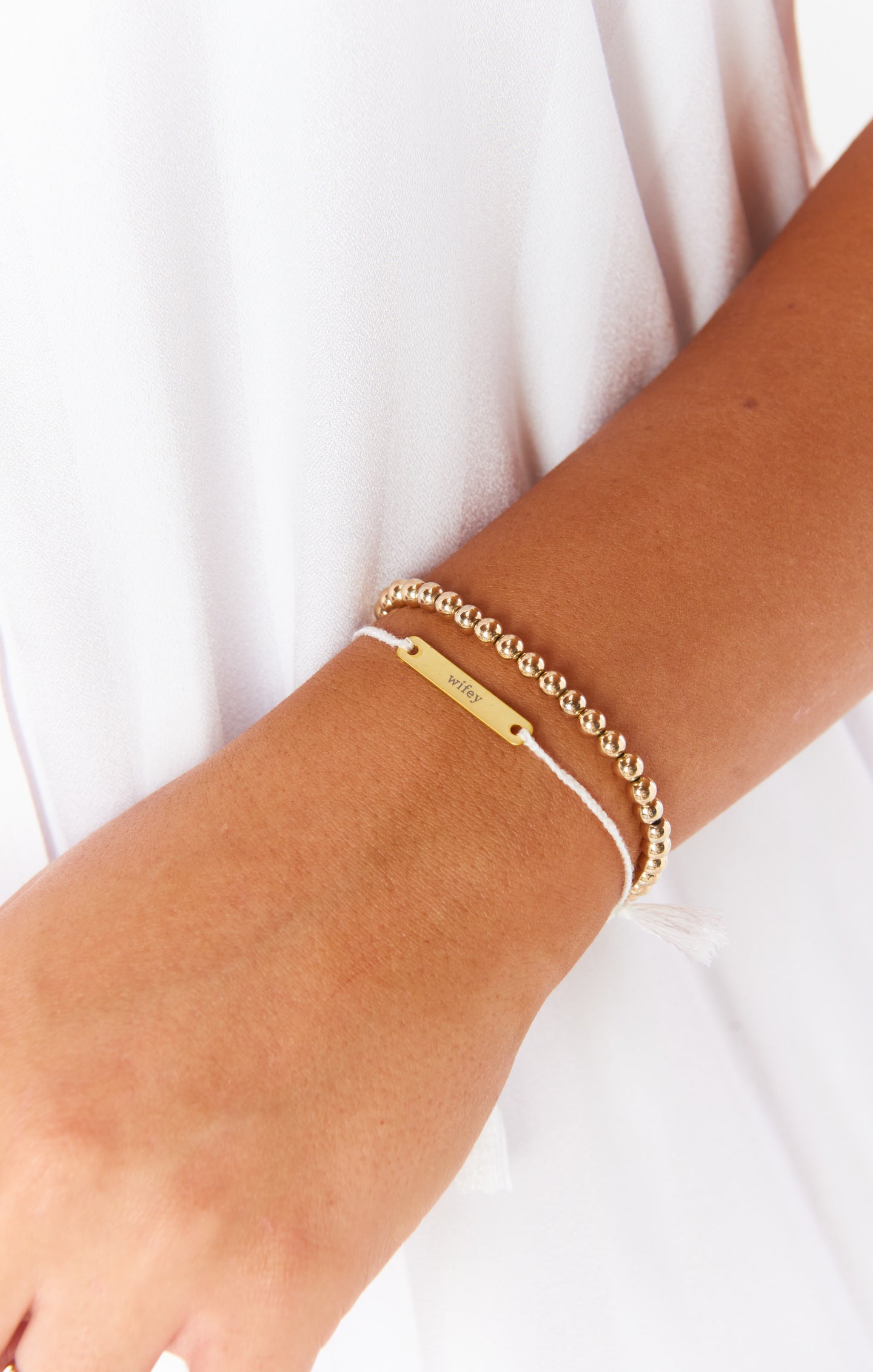 Gold Plated Wifey Bracelet - White Threaded Bridal Gift