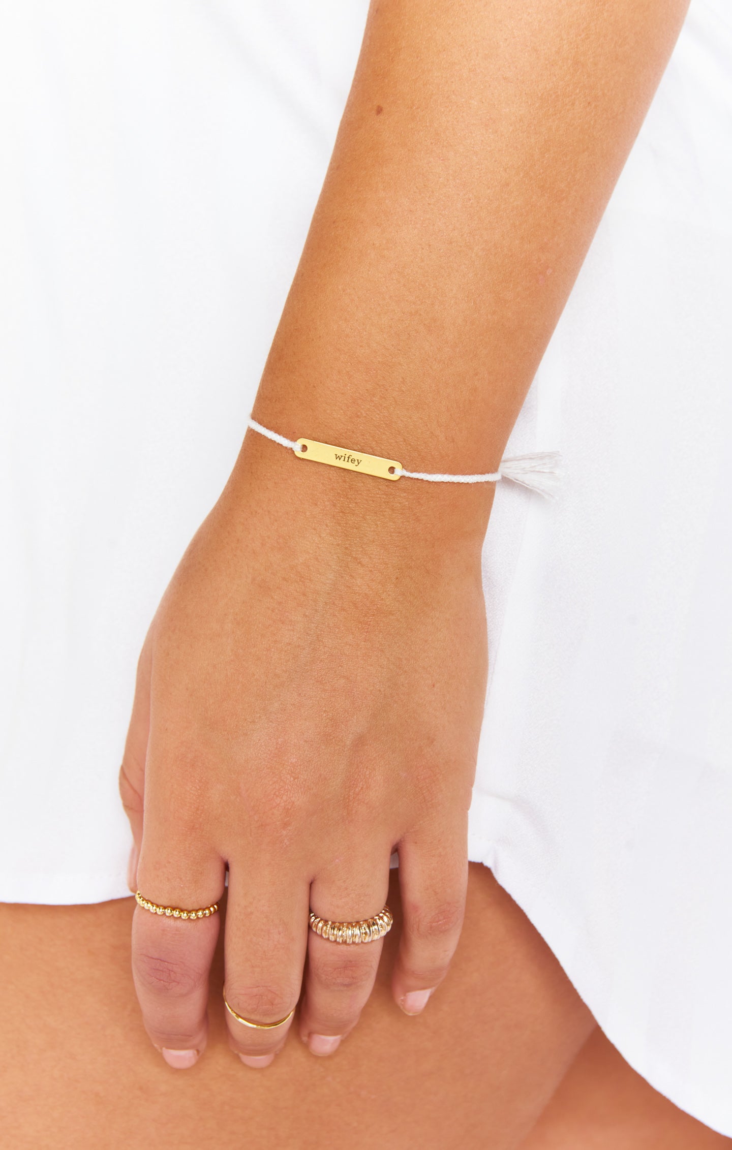 Gold Plated Wifey Bracelet - White Threaded Bridal Gift