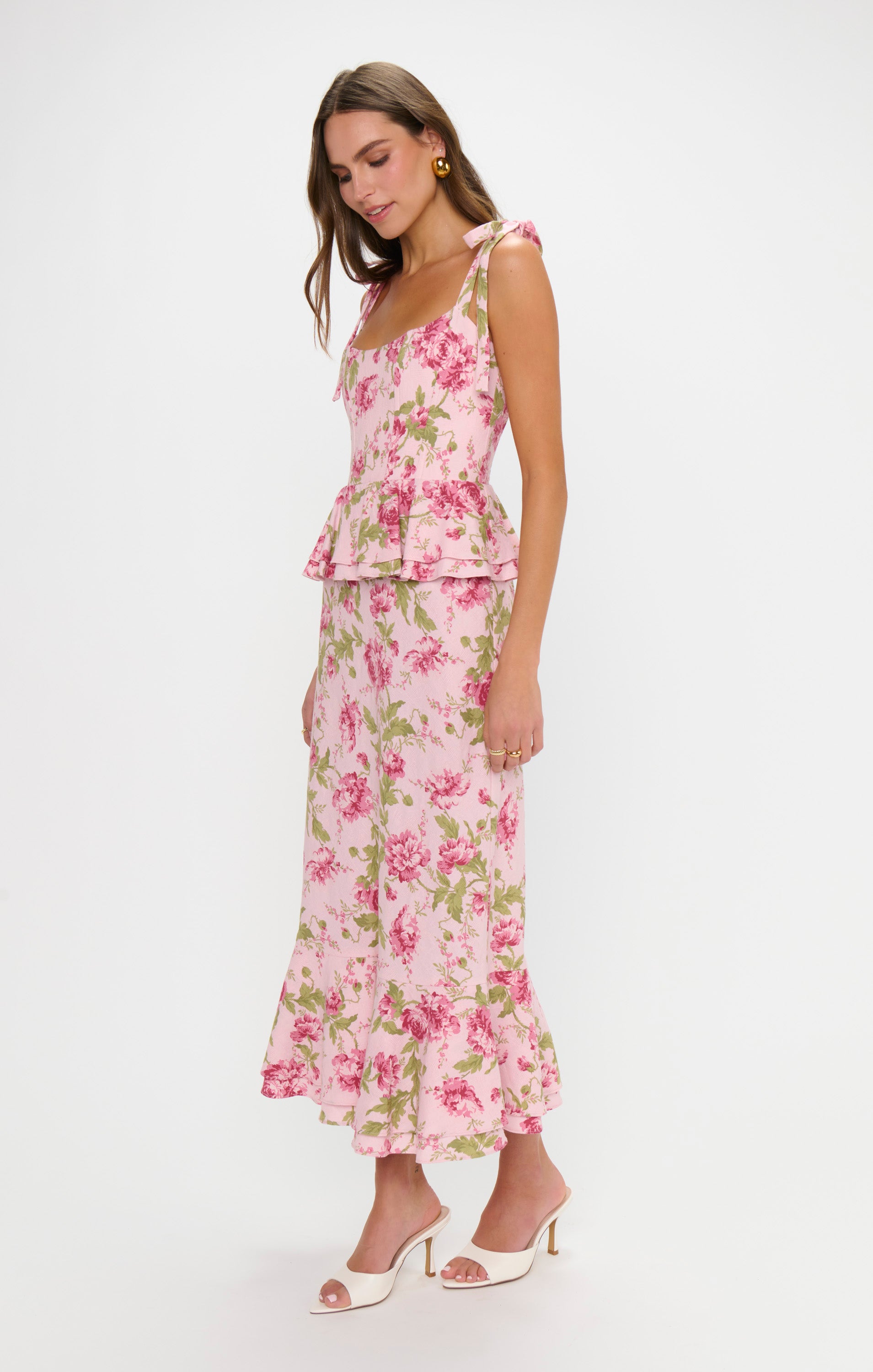 Pauline Peplum Dress with Tie Shoulder Straps & Ruffled Hem