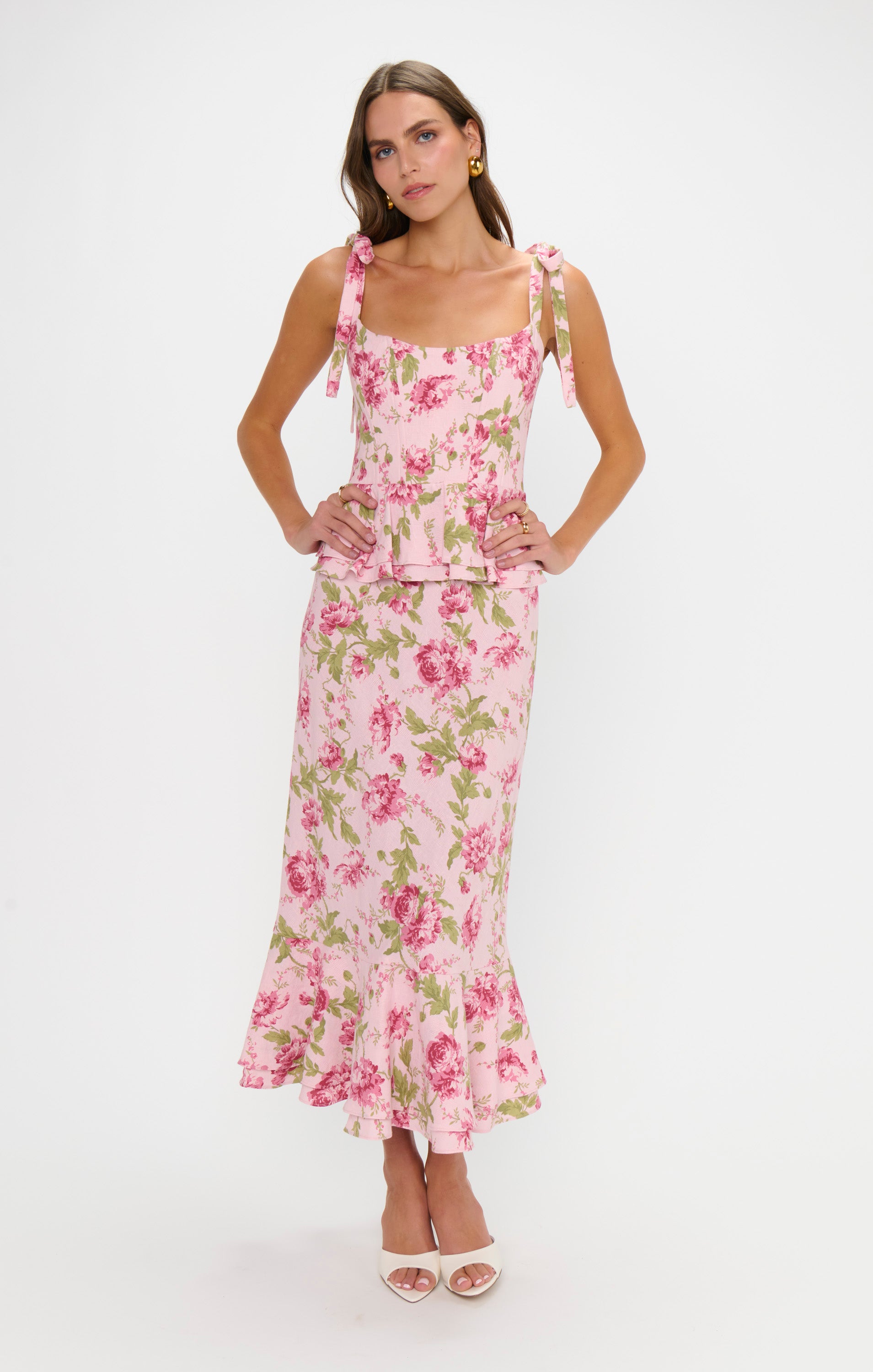 Pauline Peplum Dress with Tie Shoulder Straps & Ruffled Hem