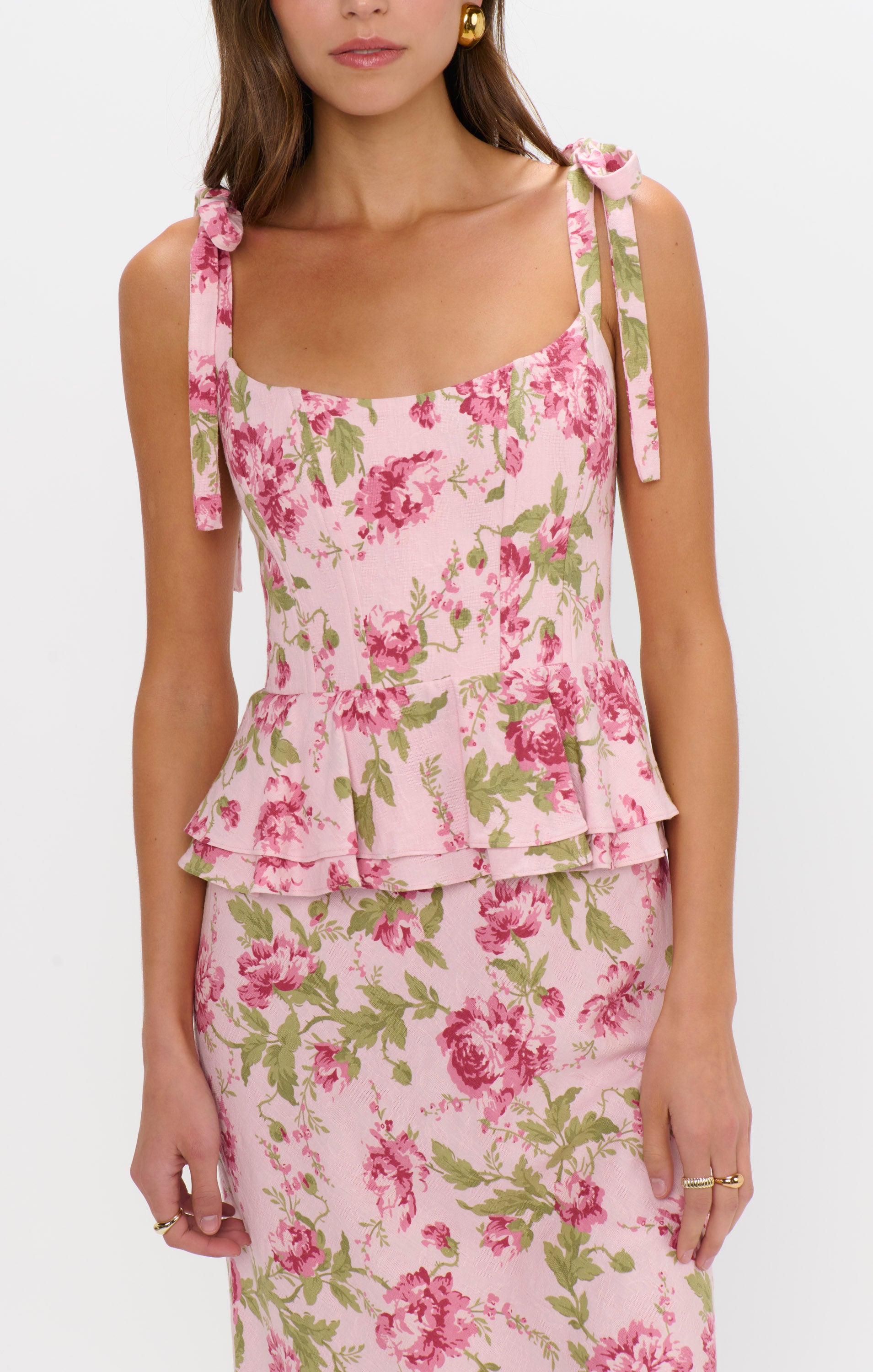 Pauline Peplum Dress with Tie Shoulder Straps & Ruffled Hem
