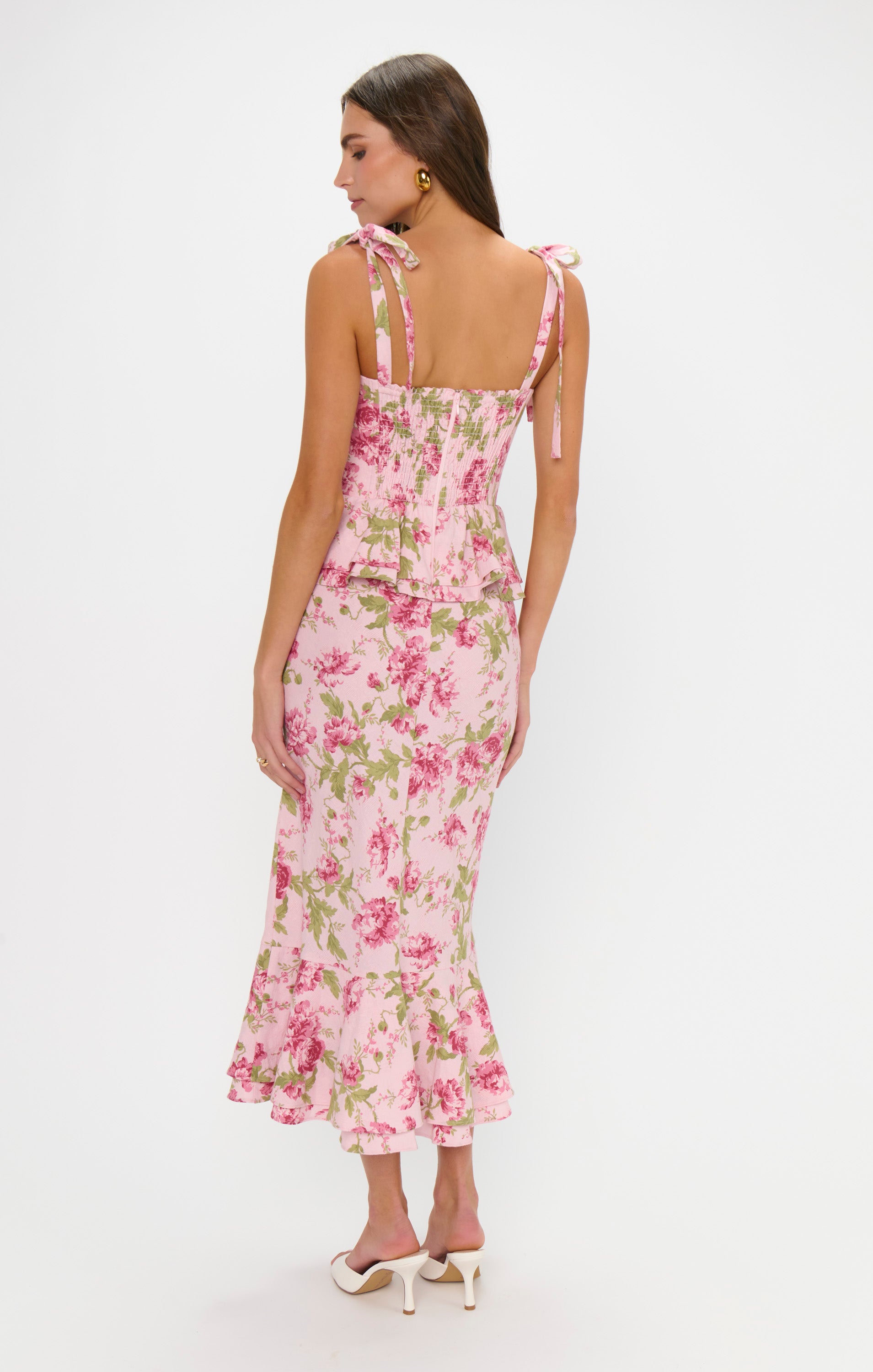 Pauline Peplum Dress with Tie Shoulder Straps & Ruffled Hem