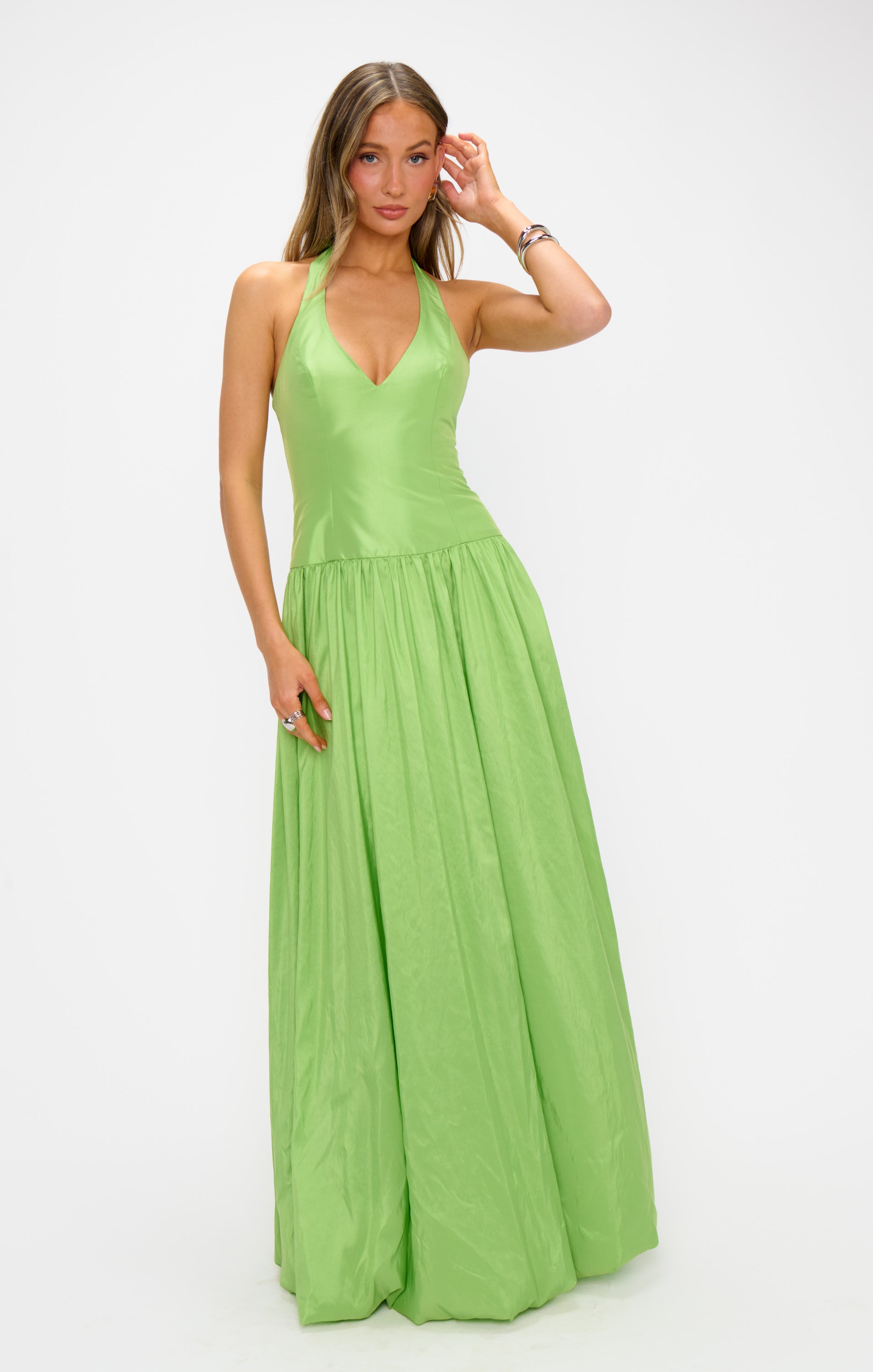 Eliza Halter Neck Bridesmaid Dress - Key Lime Taffeta Maxi