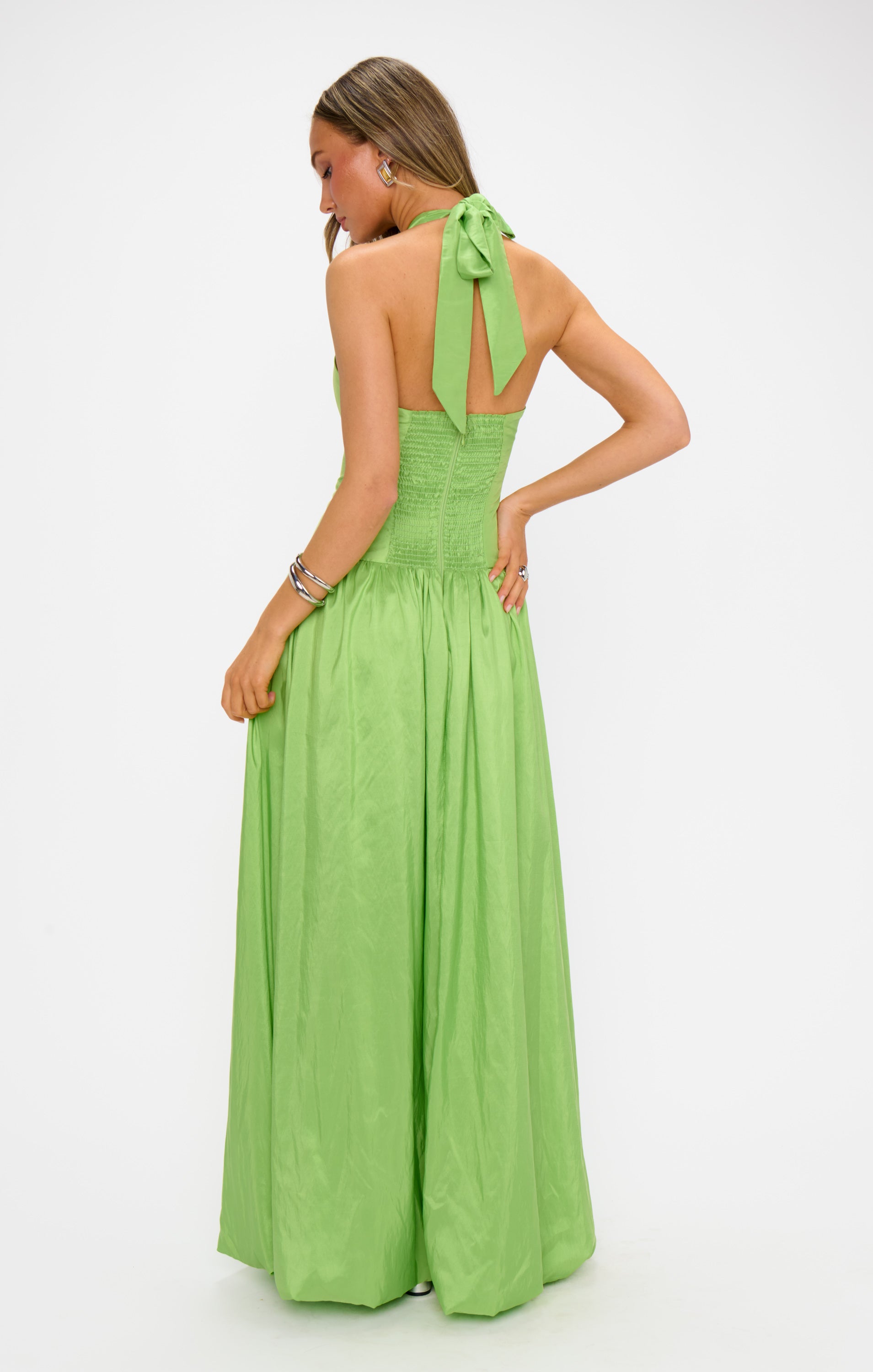 Eliza Halter Neck Bridesmaid Dress - Key Lime Taffeta Maxi