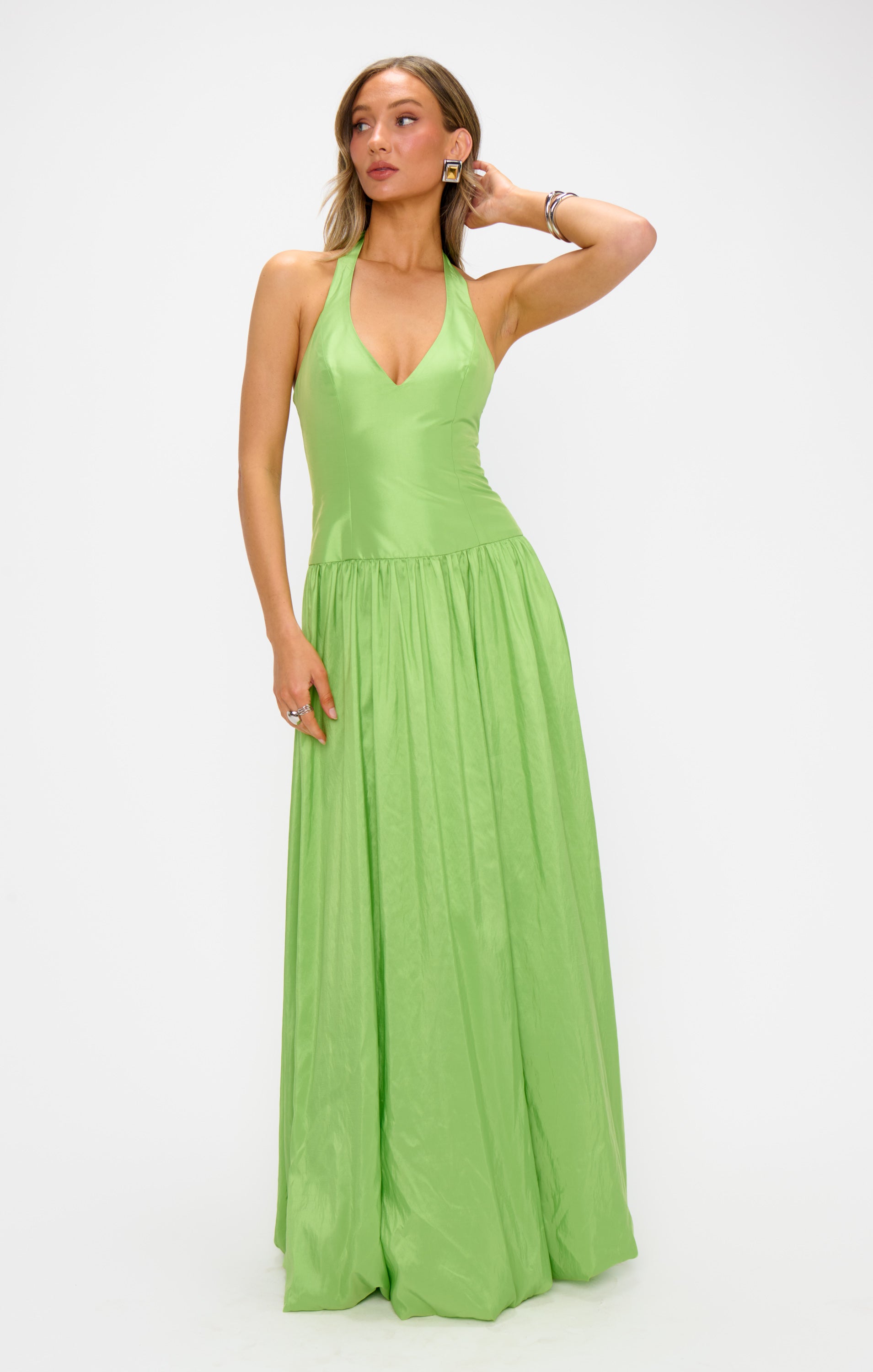 Eliza Halter Neck Bridesmaid Dress - Key Lime Taffeta Maxi