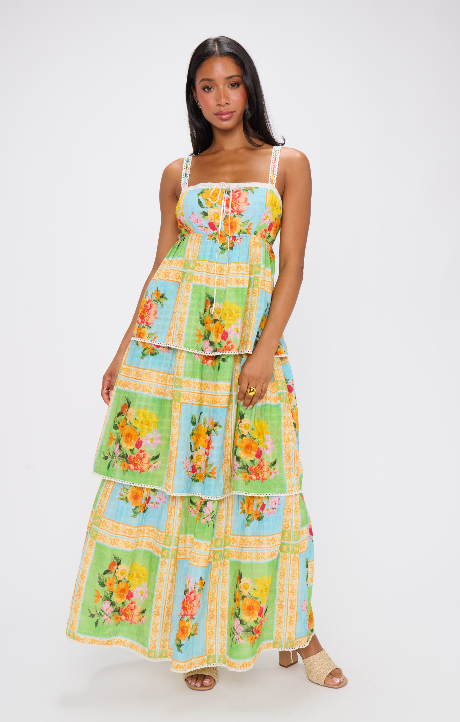 Peyton Floral Midi Dress with Scalloped Lace Straps