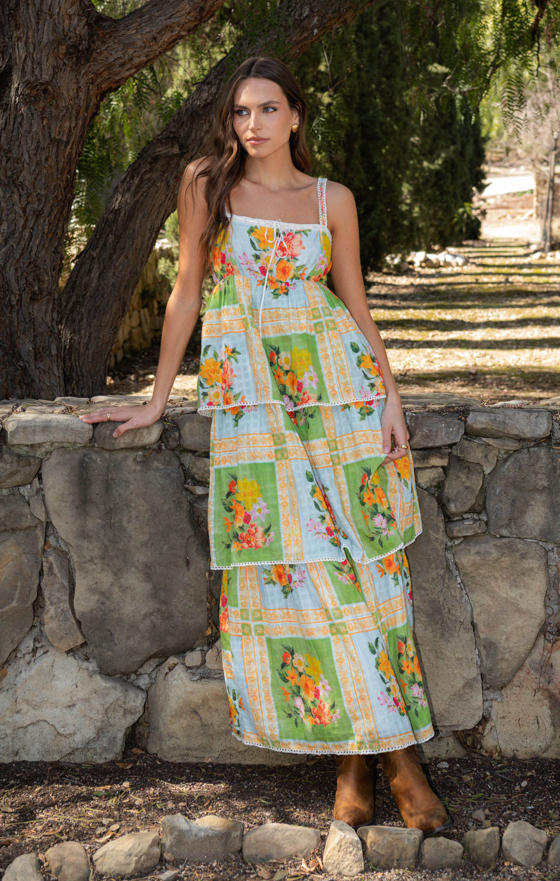 Peyton Floral Midi Dress with Scalloped Lace Straps