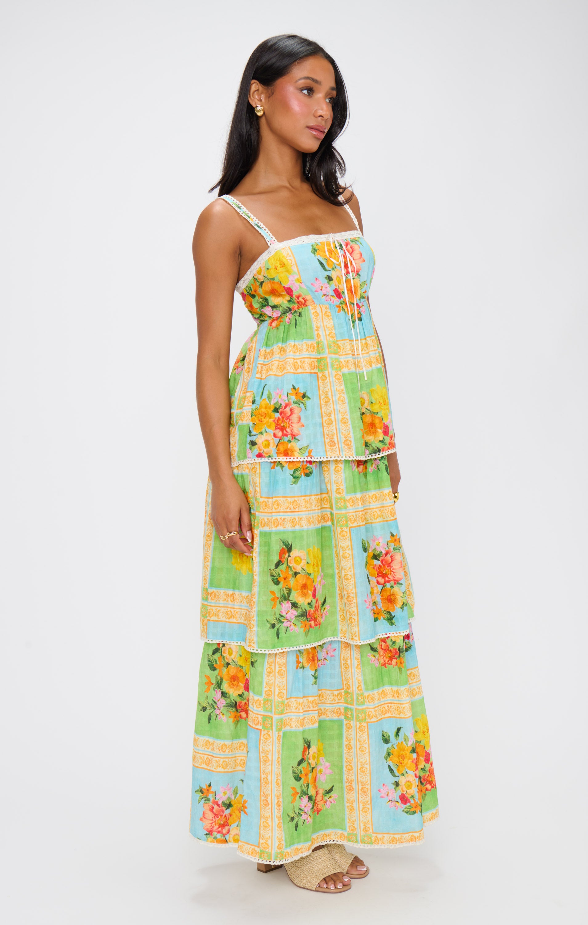 Peyton Floral Midi Dress with Scalloped Lace Straps