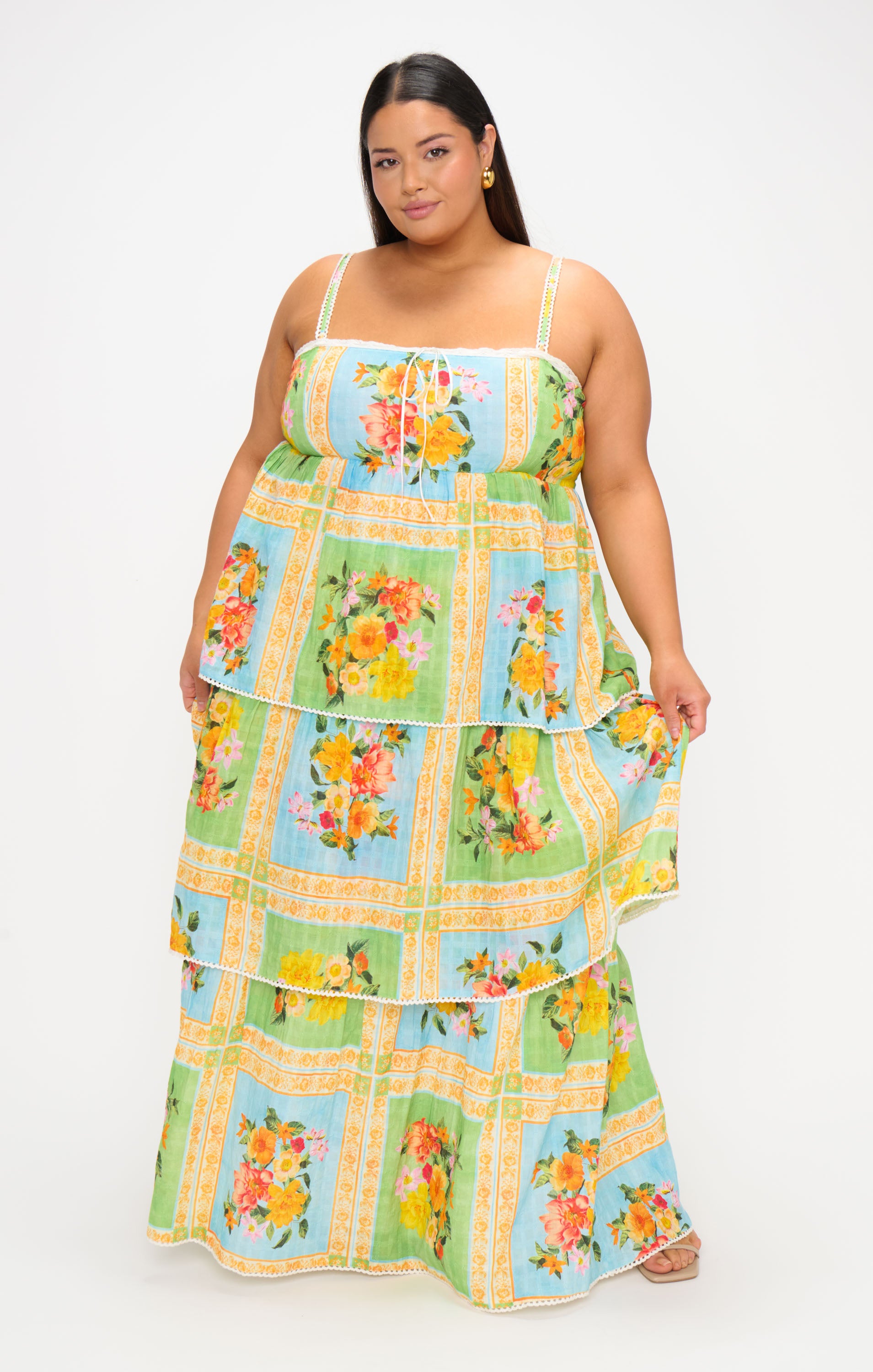 Peyton Floral Midi Dress with Scalloped Lace Straps
