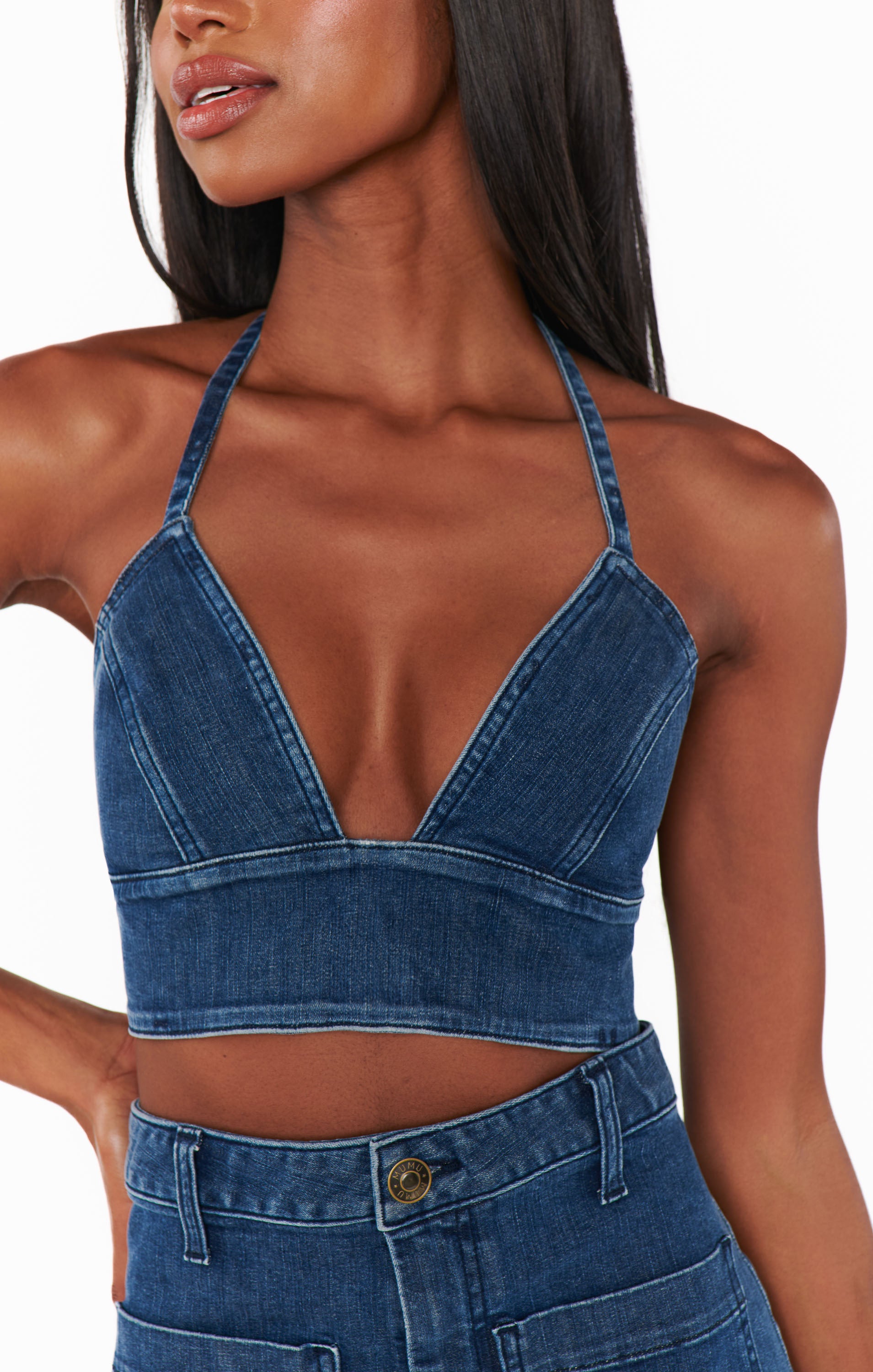 Moonlit Blue Denim Halter Top - Palm Springs Cropped Festival Style